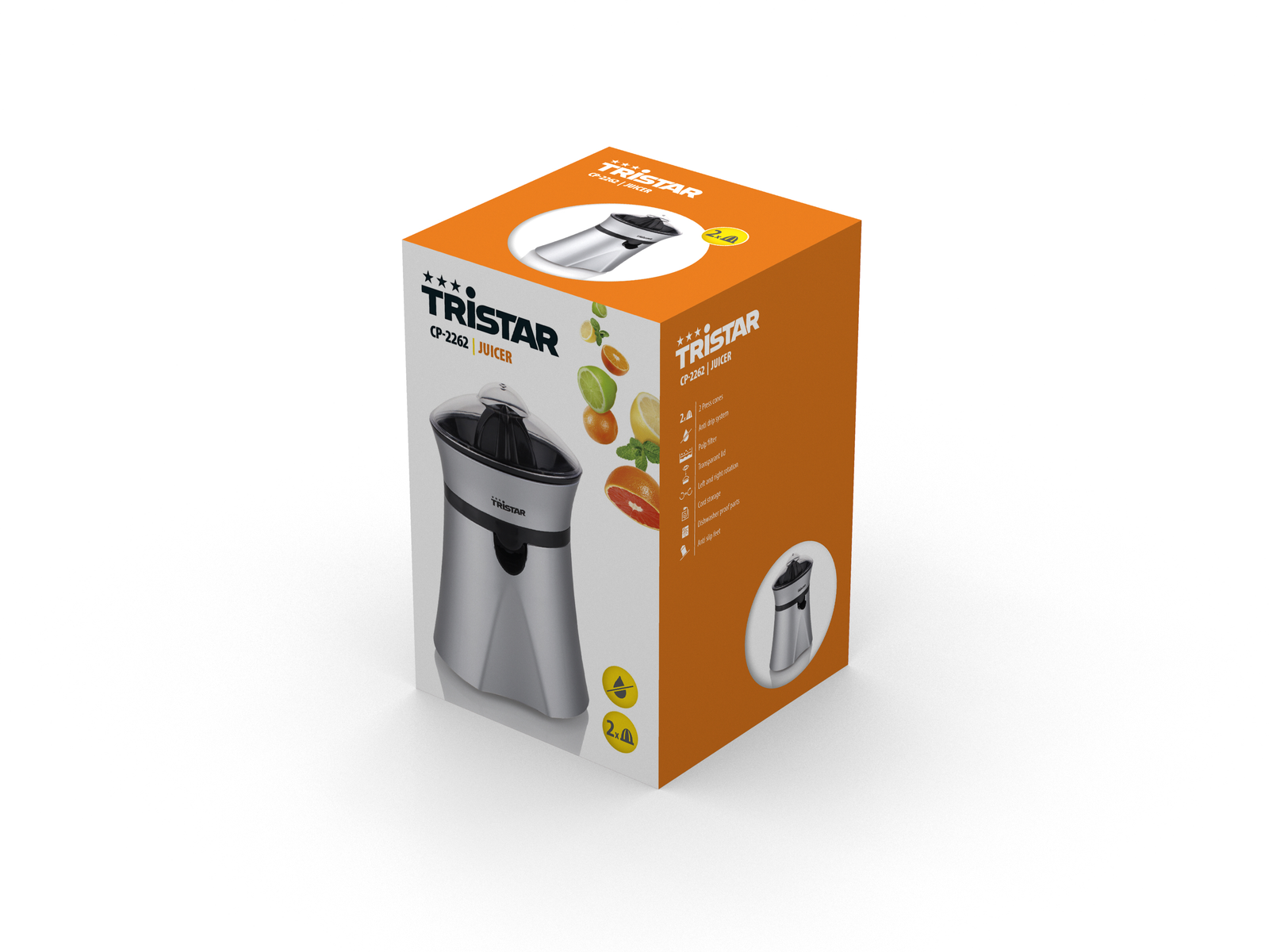 Entsafterbox mit einem silbernen Entsafter darin. Orange-grünes Farbdesign. Weißer Hintergrund.