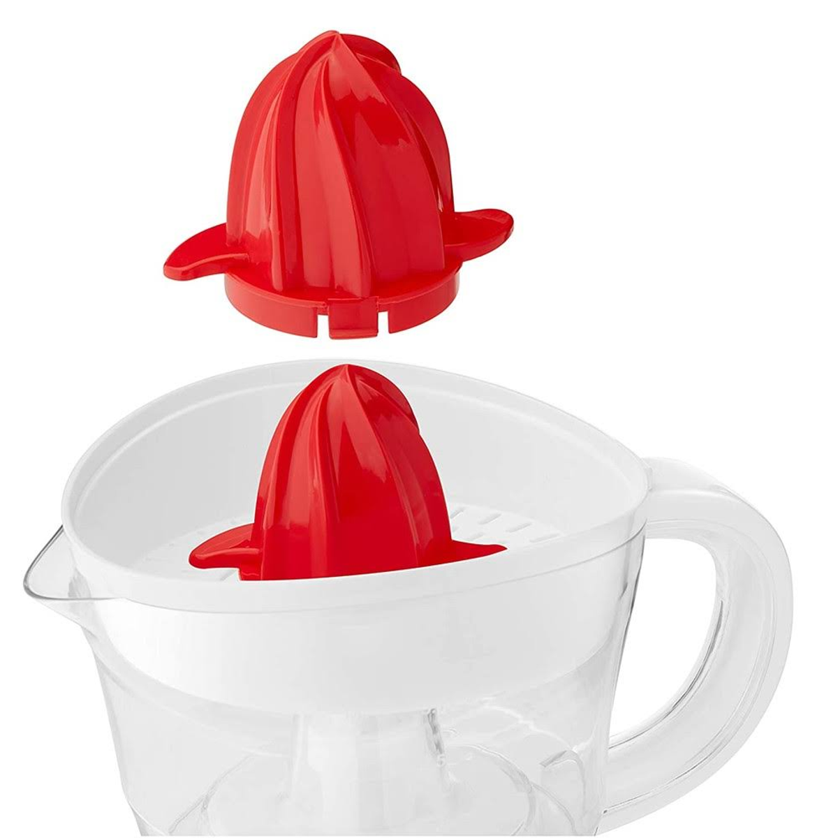 Parti di spremiagrumi rosse, un cono e una base, su sfondo bianco.