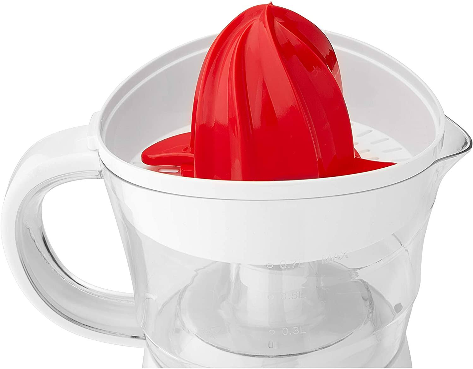 Spremiagrumi bianco e rosso con un reamer rosso, contenitore trasparente e manico bianco.