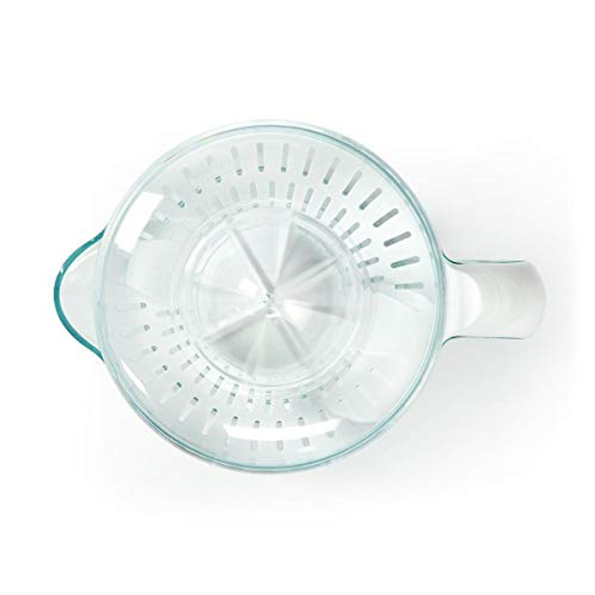 Przezroczysta wyciskarka do soku z białą podstawą. Widok z góry.