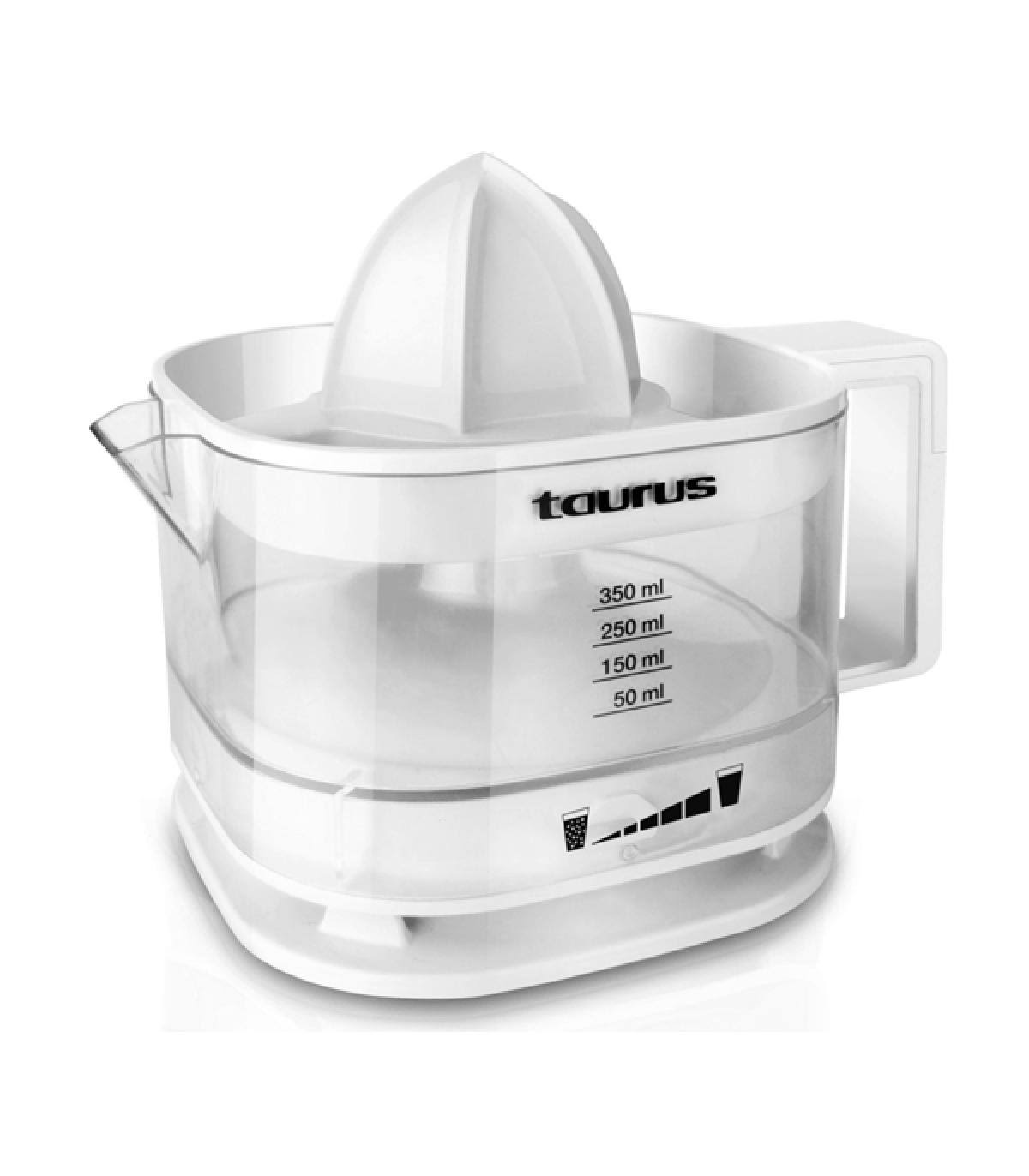 Exprimidor de cítricos Taurus blanco. Un recipiente transparente con medidas y un asa.