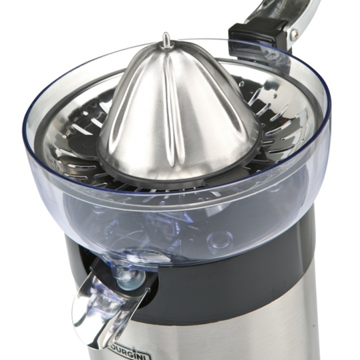Spremiagrumi con ciotola in plastica trasparente, cono in acciaio inox e base nera.