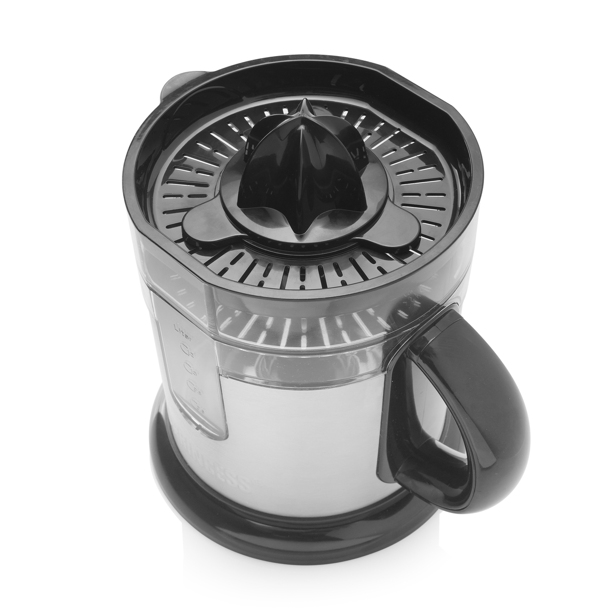 Entsafter mit schwarzem Deckel und Griff, auf weißem Hintergrund, Draufsicht.