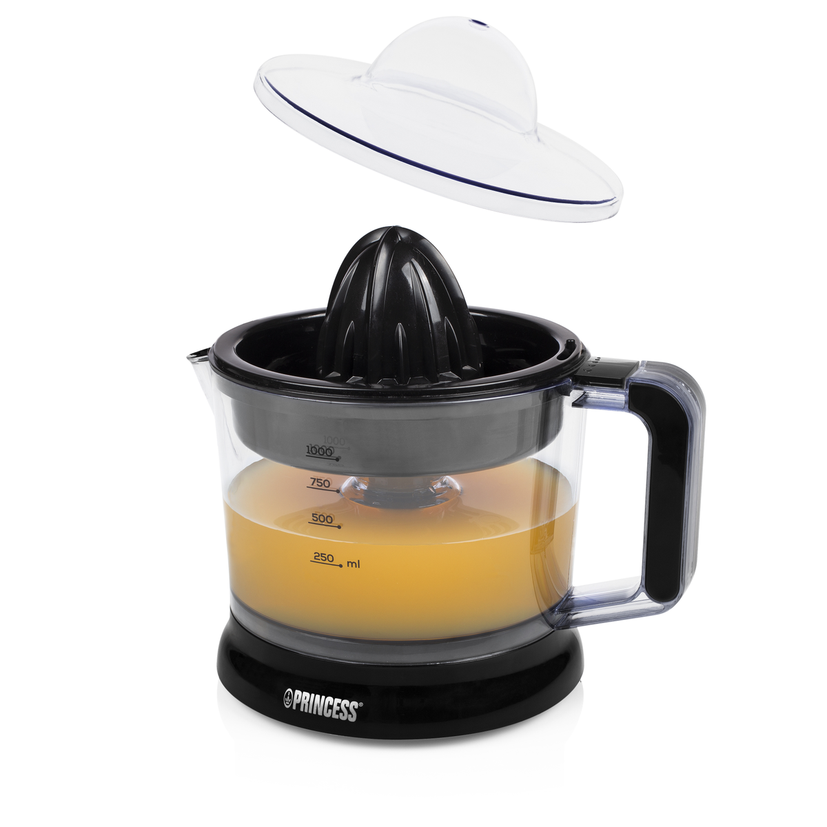 Wyiskarka z sokiem w środku i pokrywką. Czarna podstawa i uchwyt, biała pokrywa.