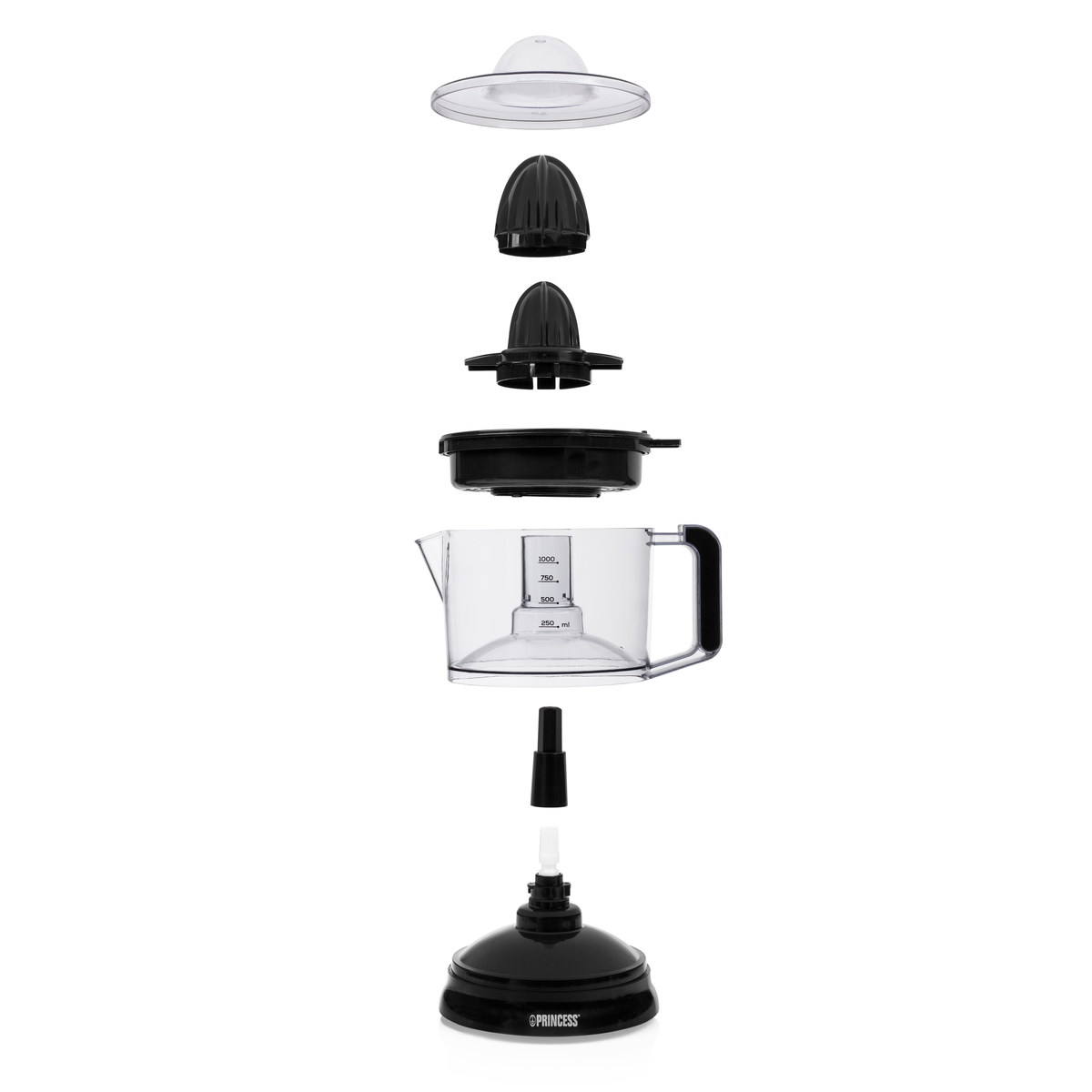 Widok rozstrzelony elementów czarnej i przezroczystej wyciskarki elektrycznej na białym tle.