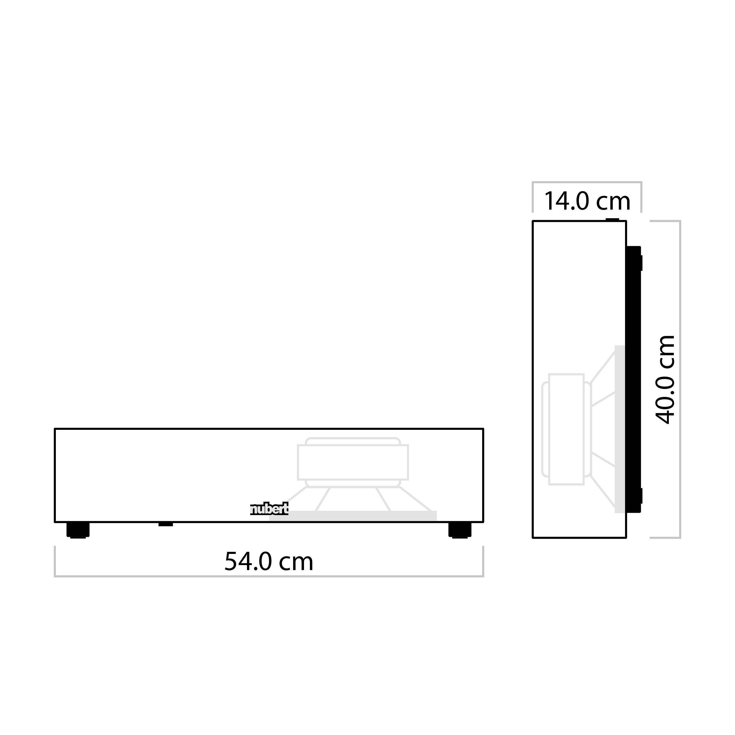 Diagramm eines Lautsprechers mit Abmessungen: 54,0 cm lang, 14,0 cm tief und 40,0 cm hoch.