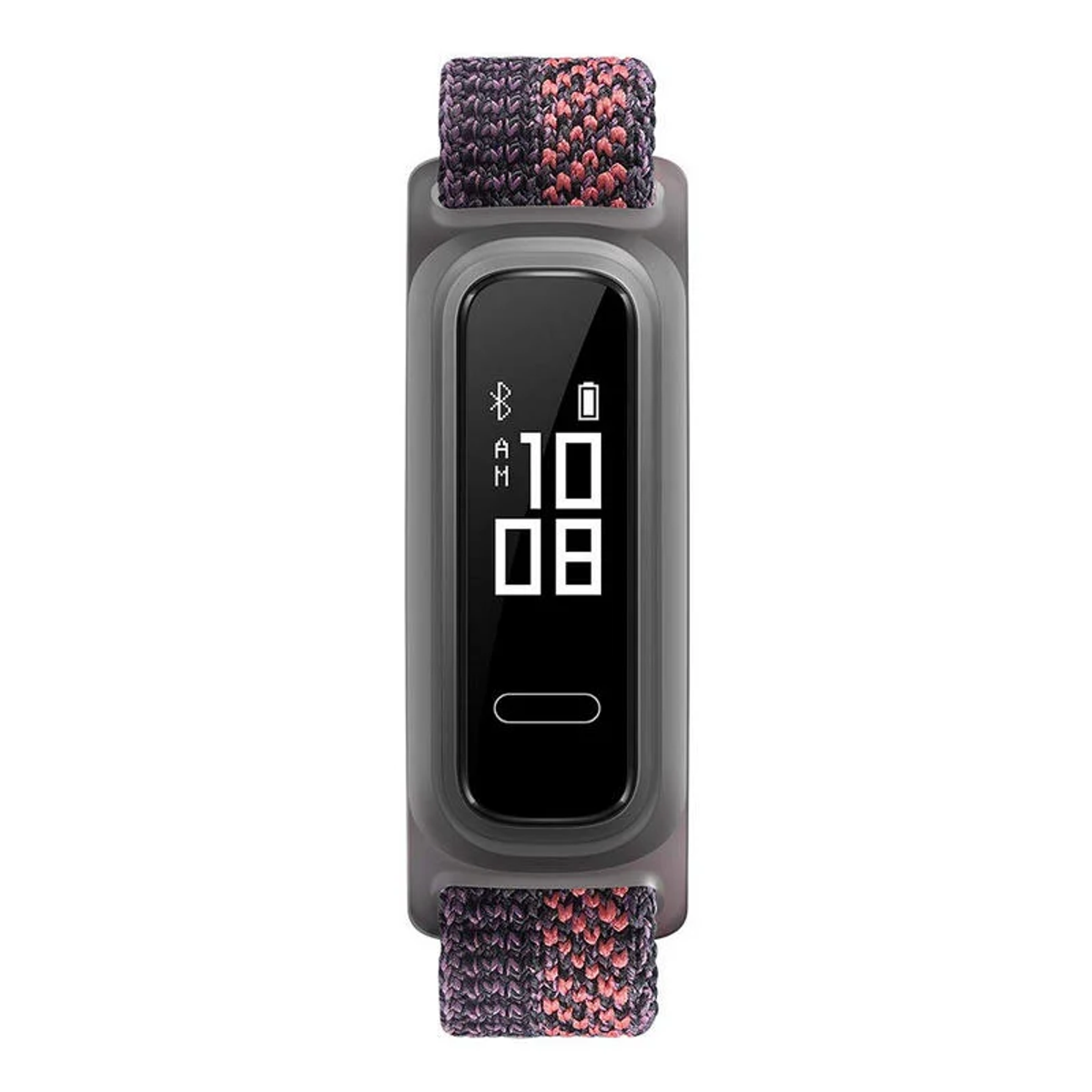 Smartwatch mit schwarzem Bildschirm, der die Uhrzeit anzeigt. Sie hat ein rosa-lila Armband.