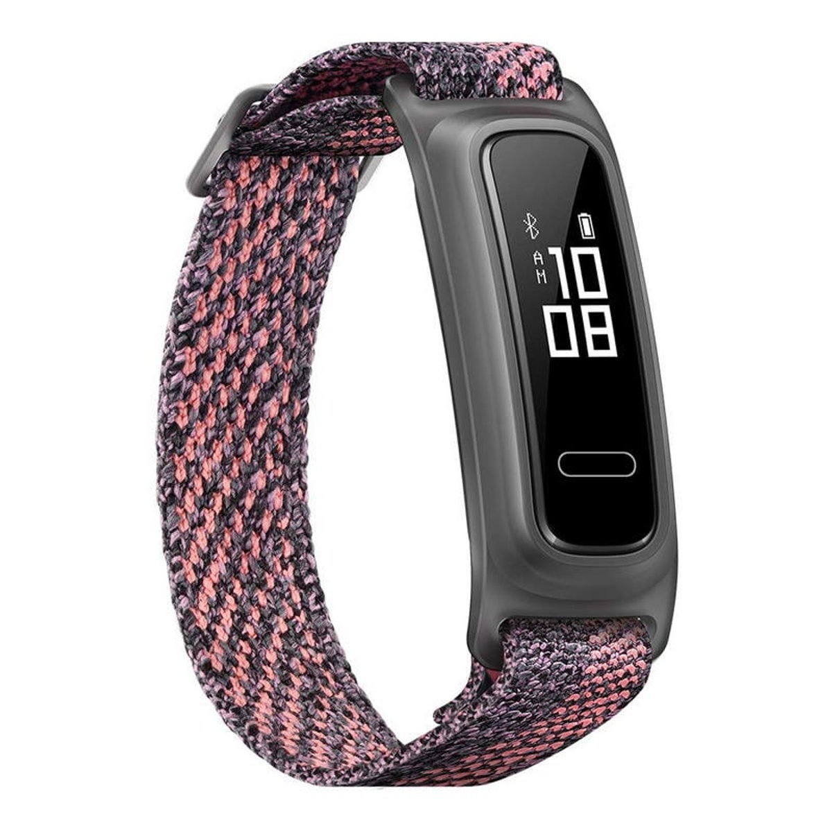 Schwarzer Fitnesstracker mit pink-schwarzem gewebtem Armband, zeigt Zeit und Symbole.