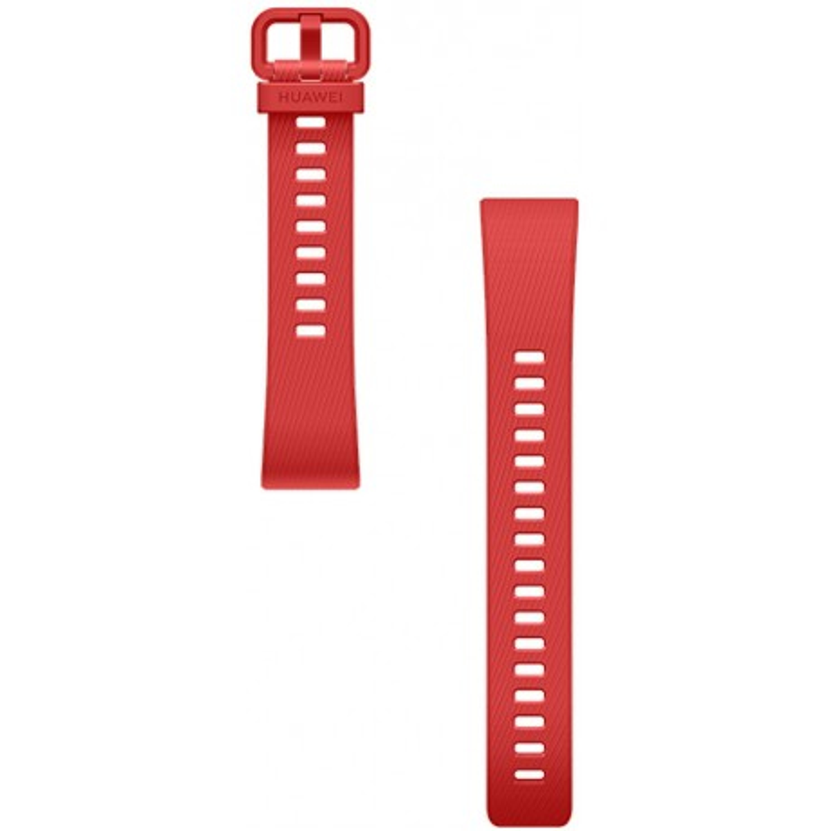 Dwa jaskrawoczerwone paski do smartwatcha. Jeden to pełny pasek z klamrą, drugi to końcówka paska.