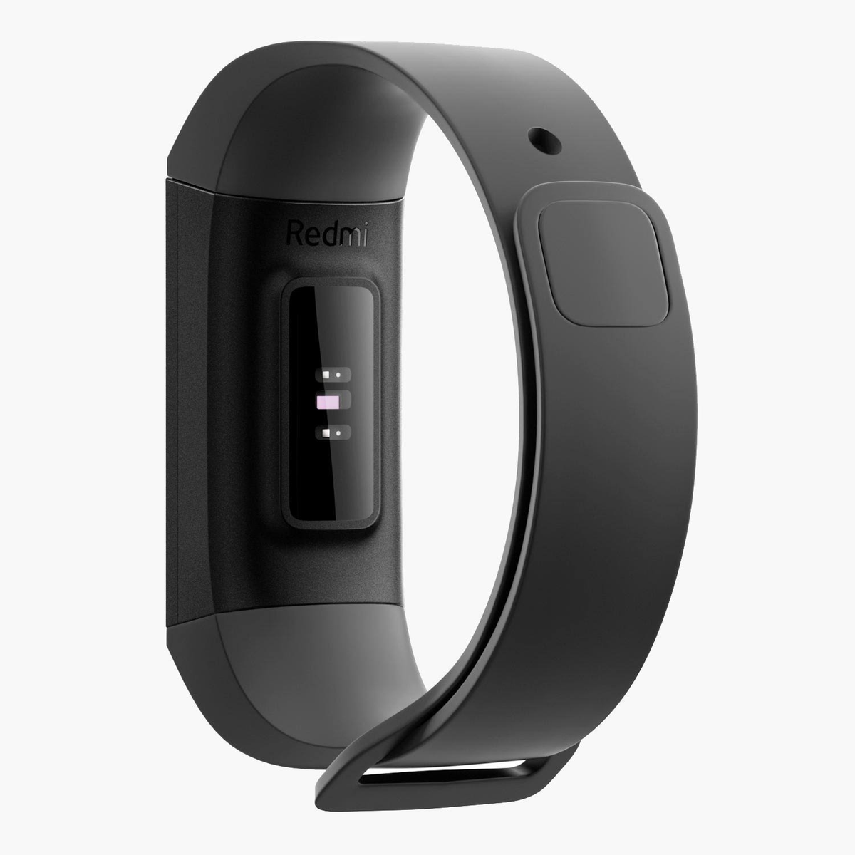 Un fitness tracker Redmi nero con uno schermo che mostra i dati dell'attività. Sfondo bianco.