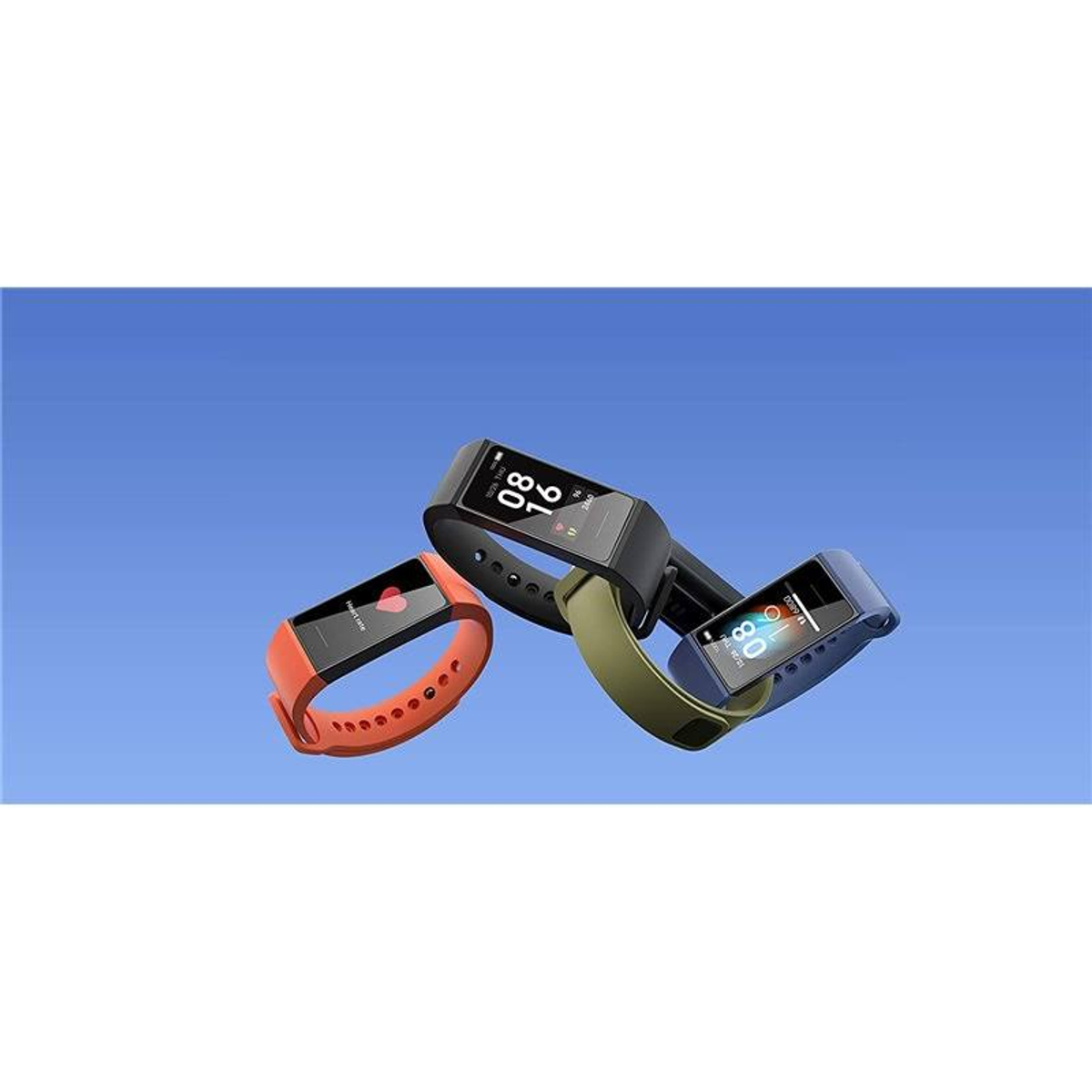 Tre smartwatch: arancione, verde e nero. I display mostrano l'ora e la frequenza cardiaca.
