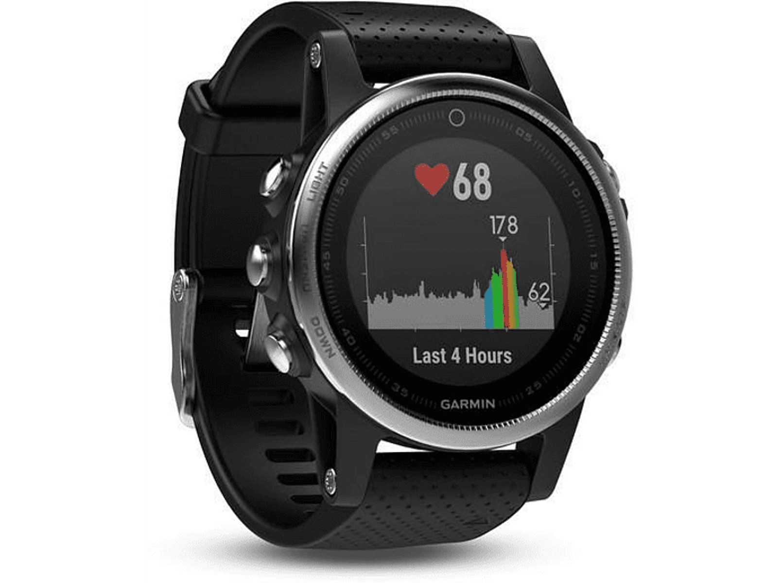 Schwarze Smartwatch mit Herzfrequenzdaten auf dem Bildschirm, schwarzem Armband und silbernen Akzenten.