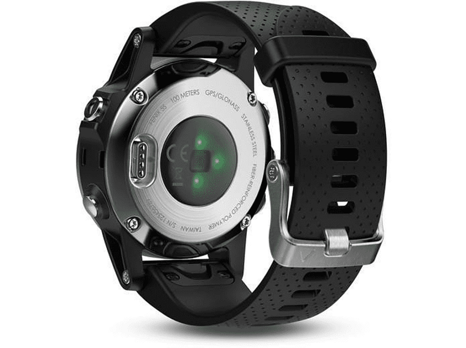Rückansicht einer Garmin Fenix 55-Uhr, die den Sensor auf der Unterseite und das Armband zeigt.