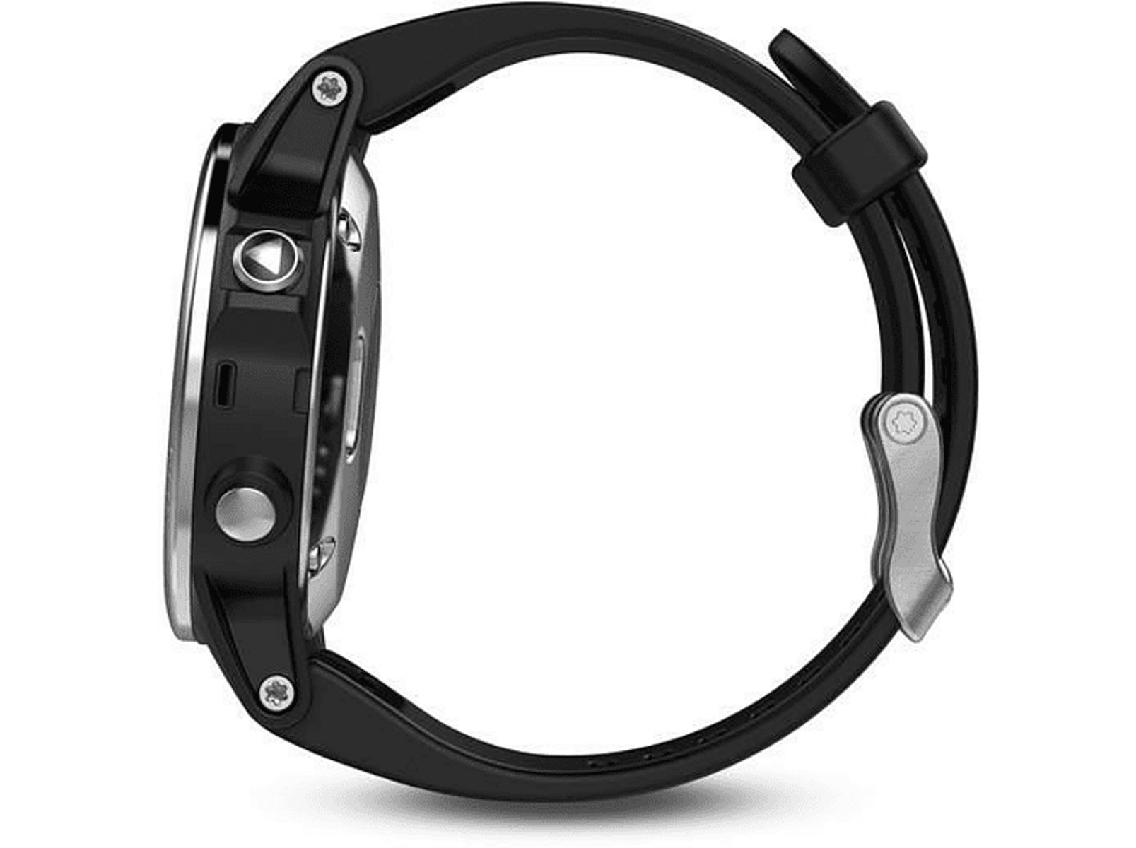Schwarze Smartwatch, Seitenansicht, auf Weiß. Sie hat ein schwarzes Armband und eine silberne Lünette.