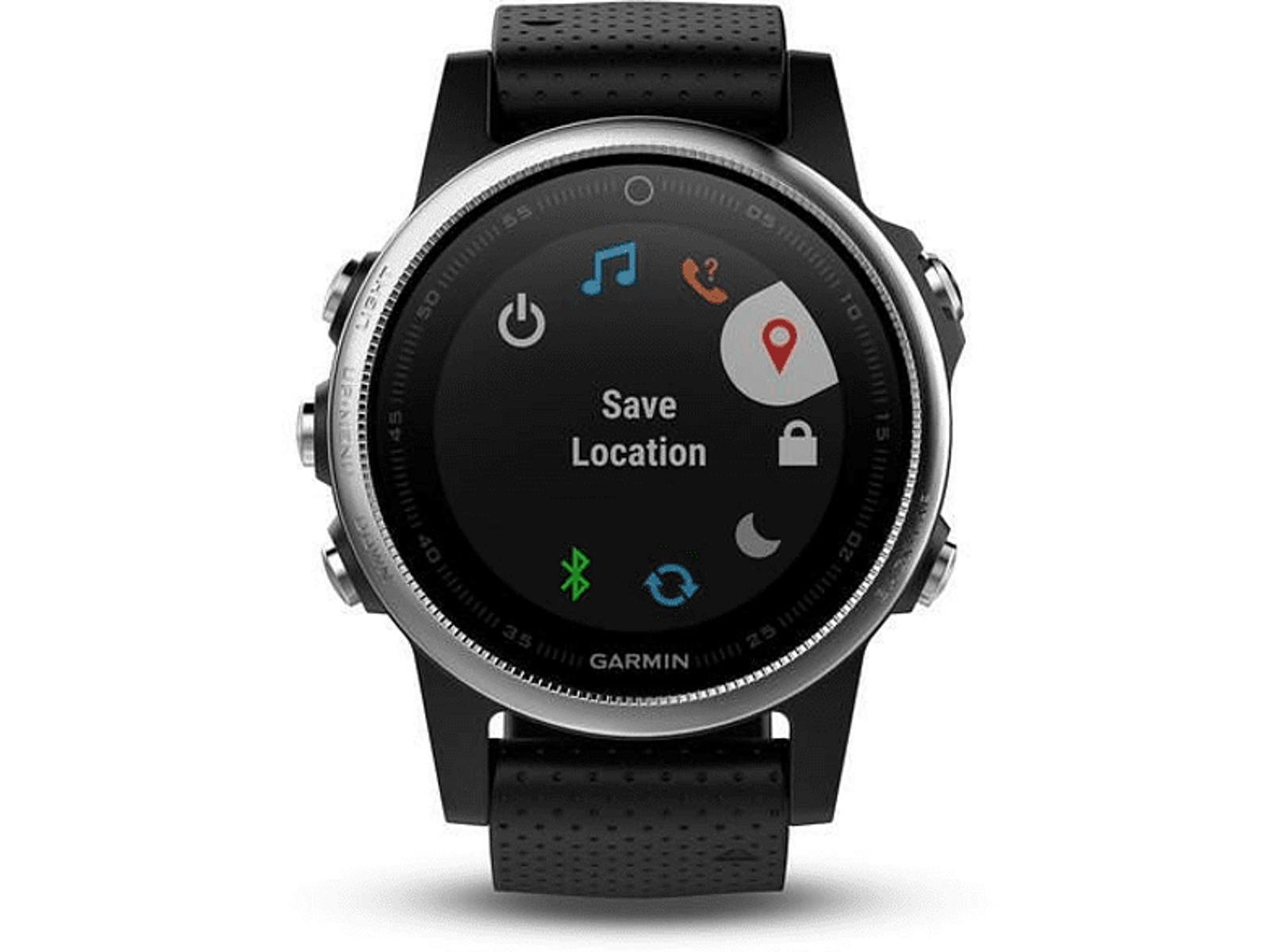 Eine schwarze Garmin Smartwatch mit Touchscreen. Es zeigt verschiedene App-Symbole an.