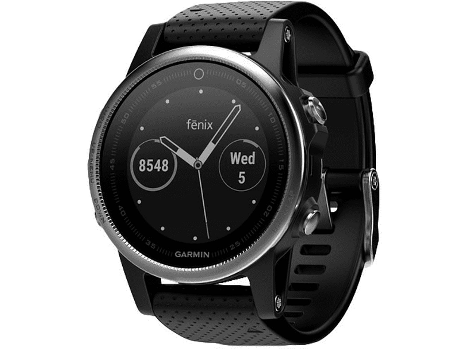 Schwarze Garmin Fenix-Uhr, zeigt Zeit und Statistiken an. Schwarzes Armband.