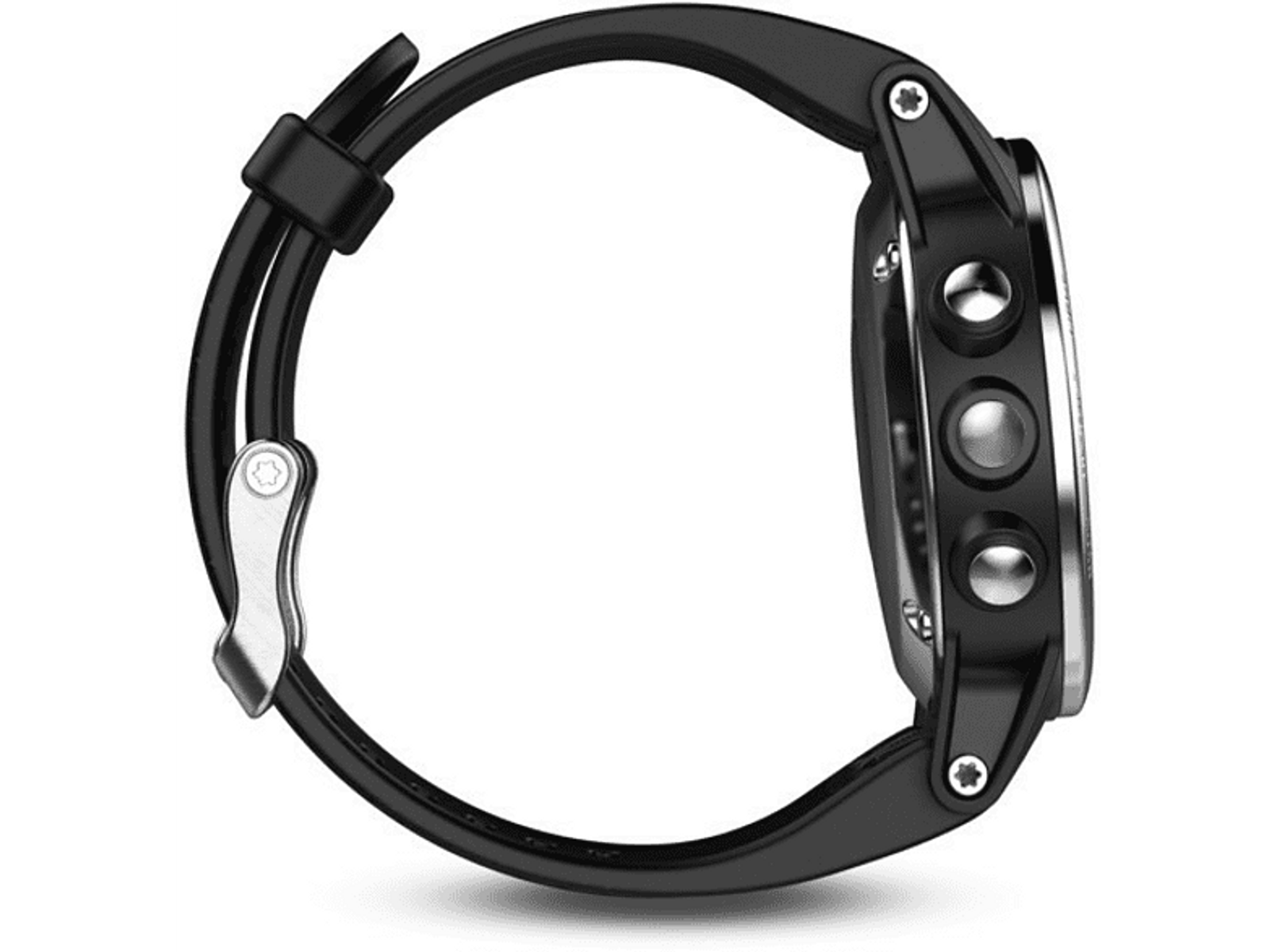 Schwarze Garmin-Uhr. Seitenansicht mit Armband, Knöpfen und Zifferblatt.