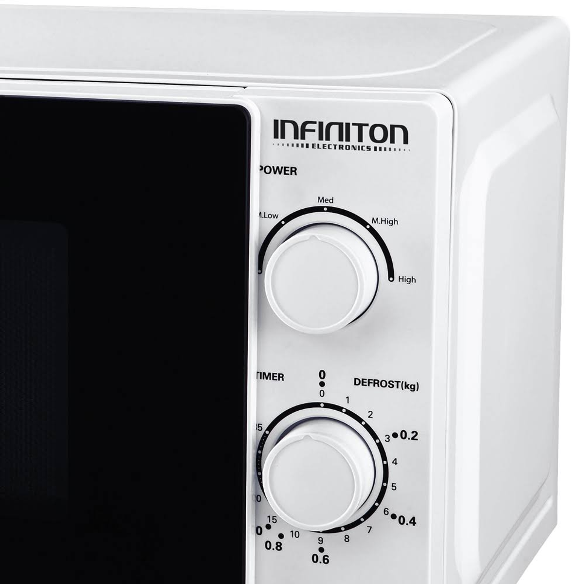 Microondas blanco, controles de potencia y temporizador. Puerta negra.