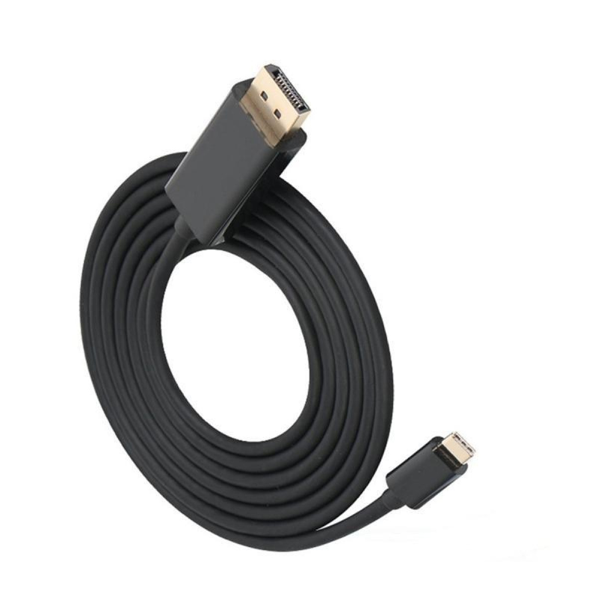 Câble DisplayPort vers USB-C noir, enroulé. Connecteur DisplayPort doré et connecteur USB-C visibles.