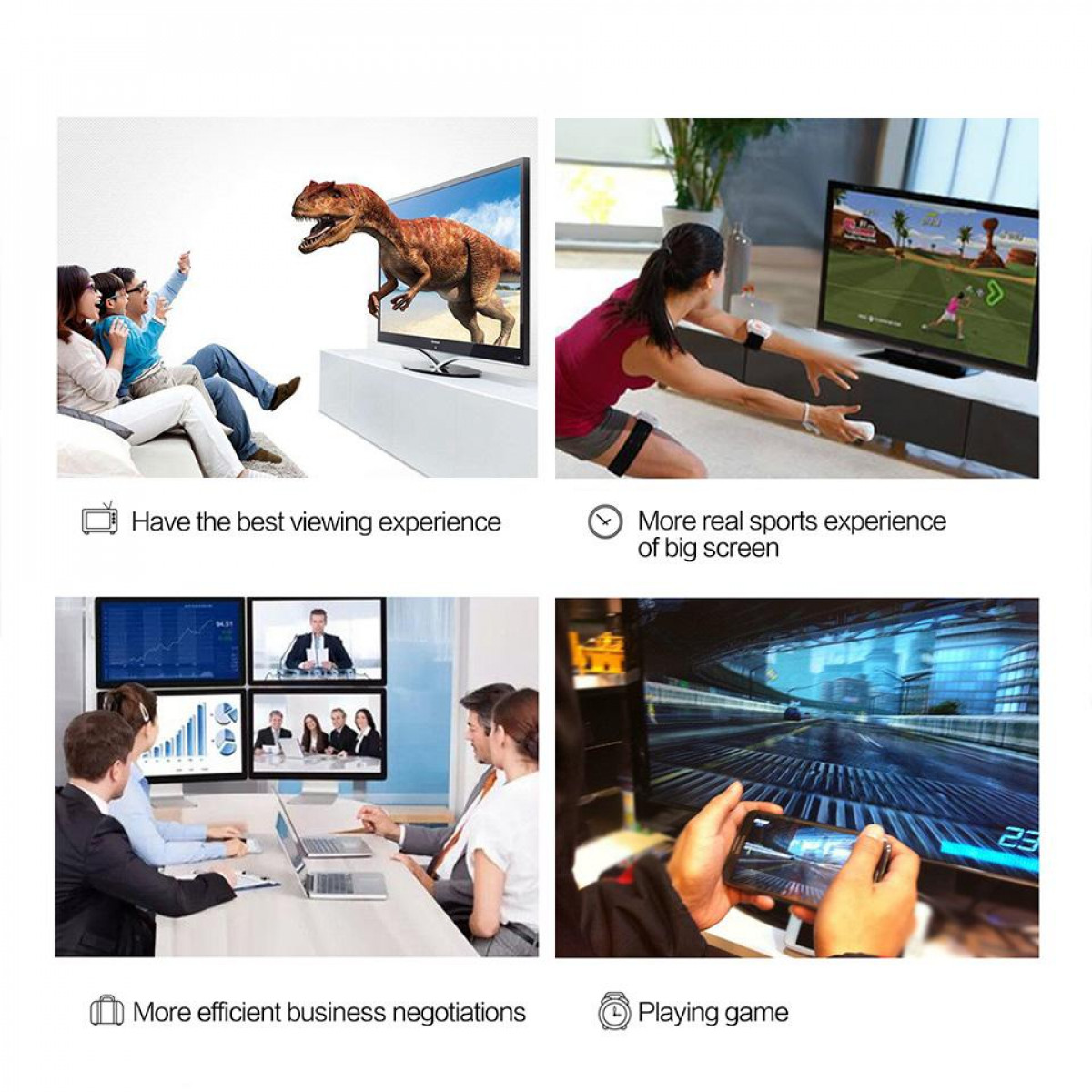 Four images showing people using TVs for entertainment, sports, business, and gaming.