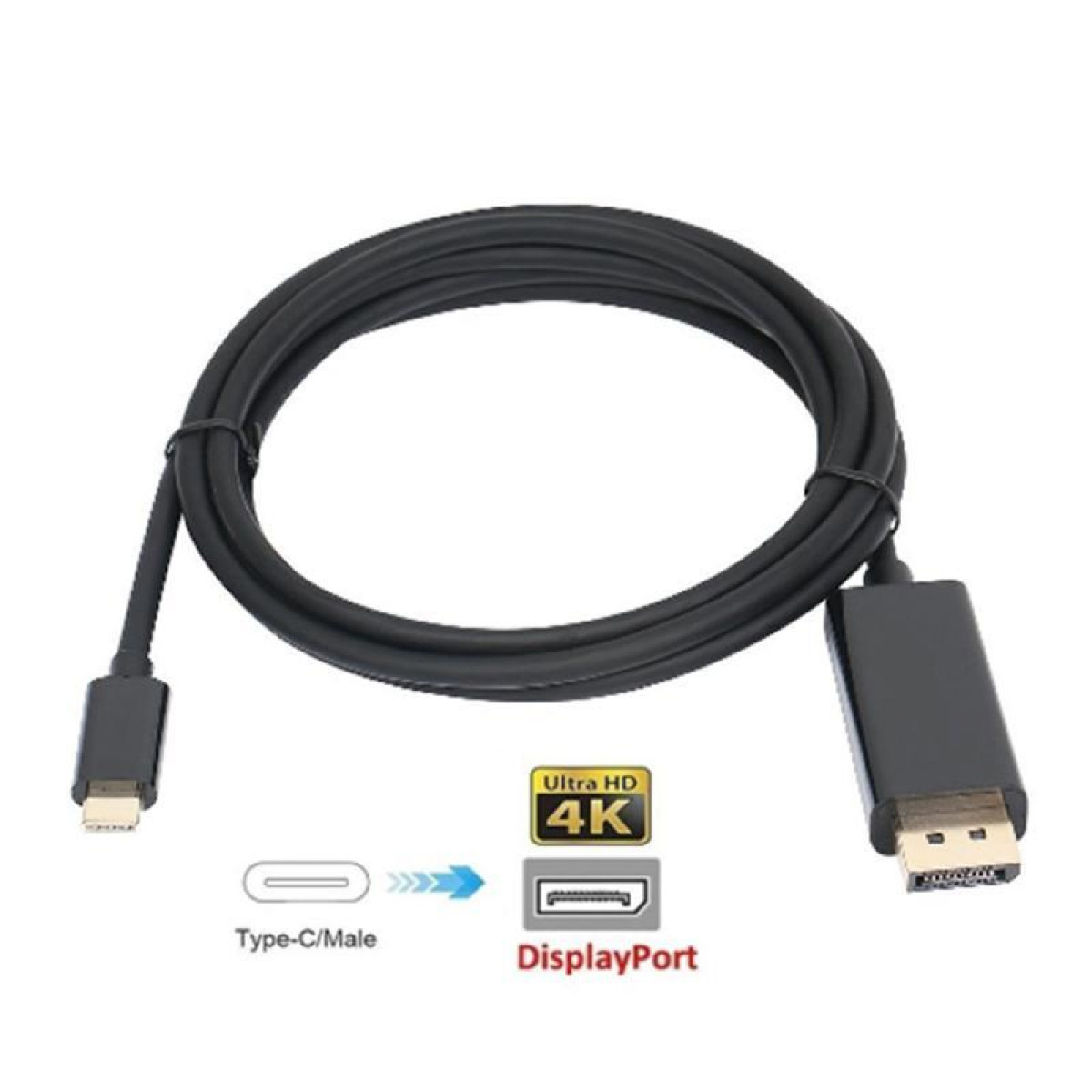Câble USB-C vers DisplayPort noir avec des étiquettes montrant les types de connecteurs et 'Ultra HD 4K'.