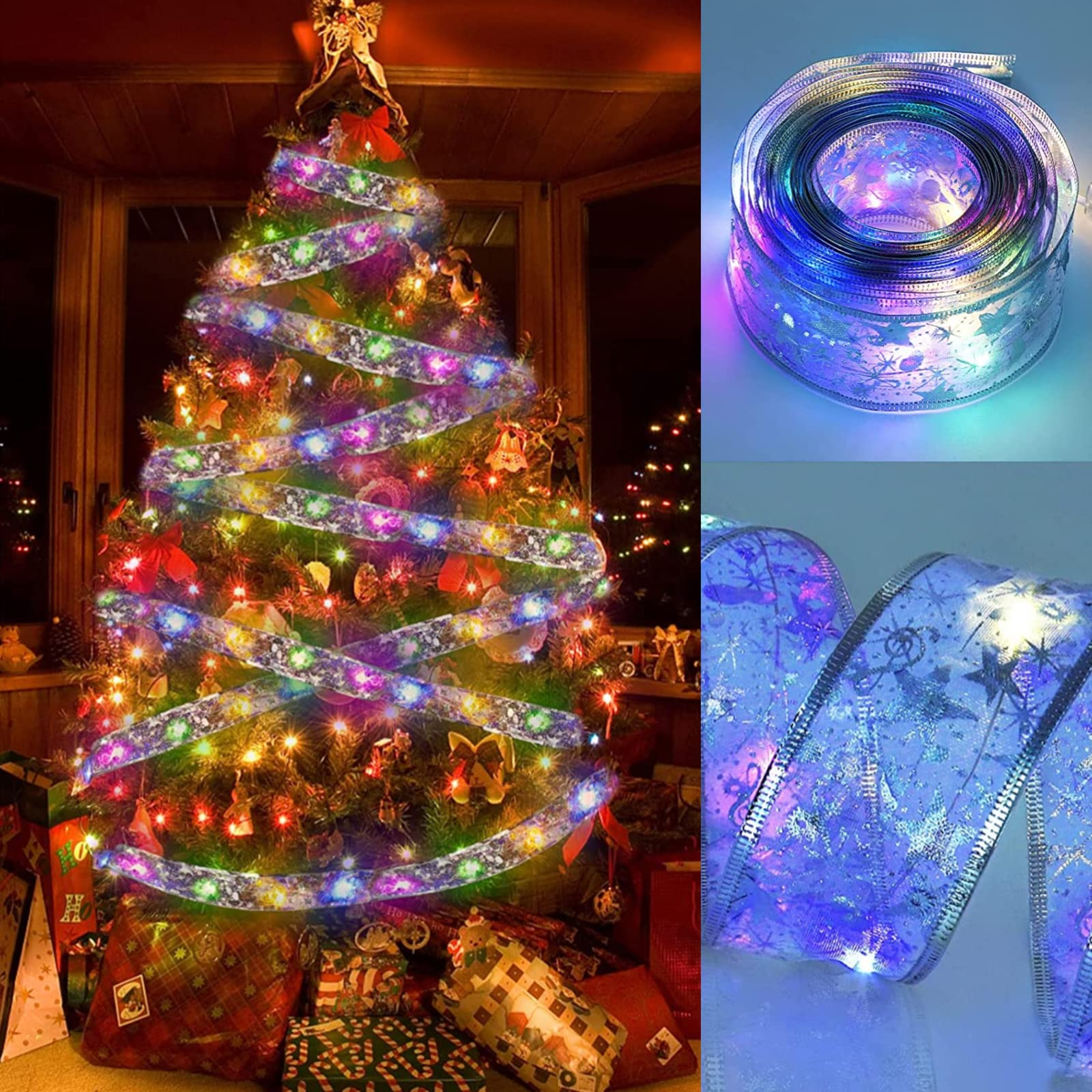 Ein Weihnachtsbaum, geschmückt mit Lichtern und einem Band. Nahaufnahme des Bandes und der Lichter.
