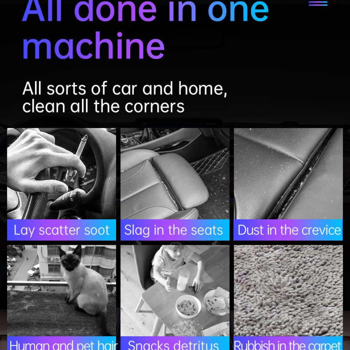 Kolaż zdjęć przedstawiający scenariusze sprzątania: samochód, siedzenia, szczelina, sierść zwierząt, przekąski, dywan.