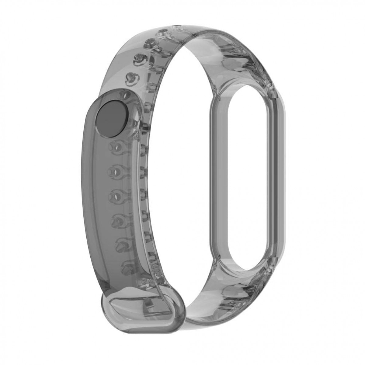 Correa de pulsera inteligente gris transparente. Tiene una hebilla y algunos orificios de conexión. Sobre un fondo blanco.
