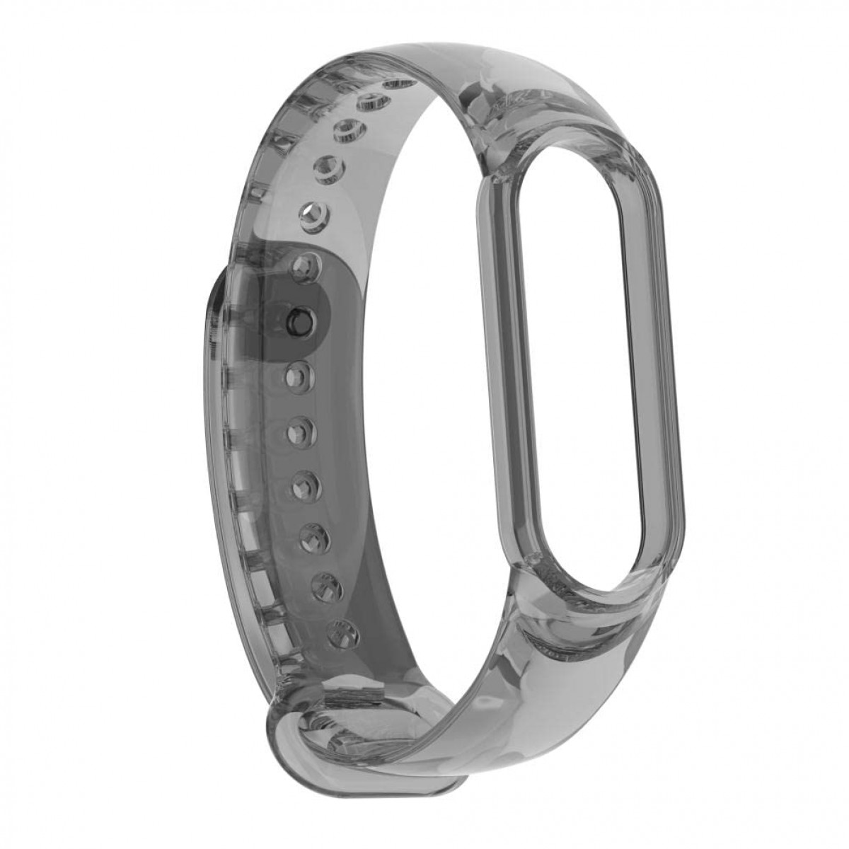 Una correa de reloj gris translúcida.