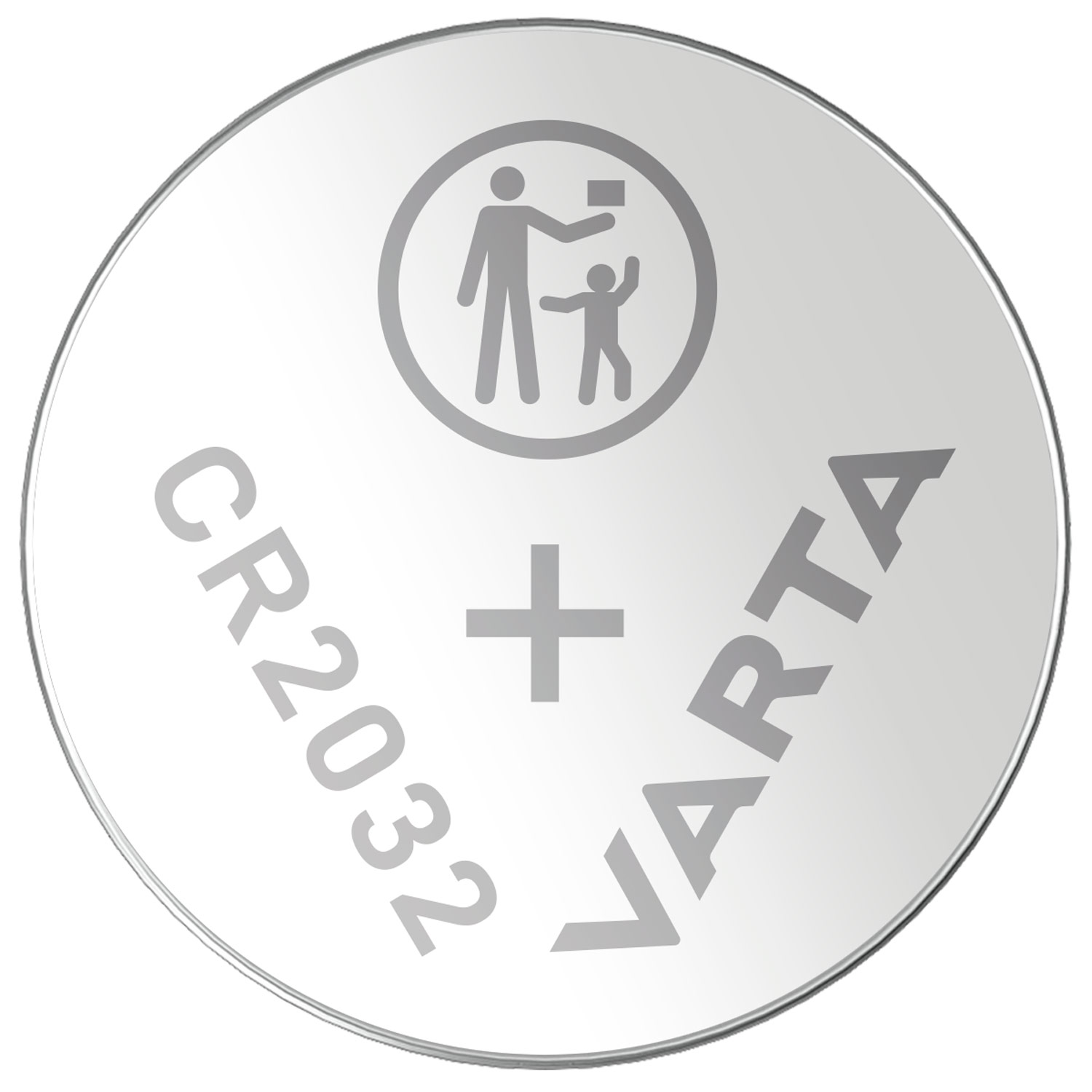 Srebrna bateria Varta z CR2032 i symbolem bezpieczeństwa na białej powierzchni.