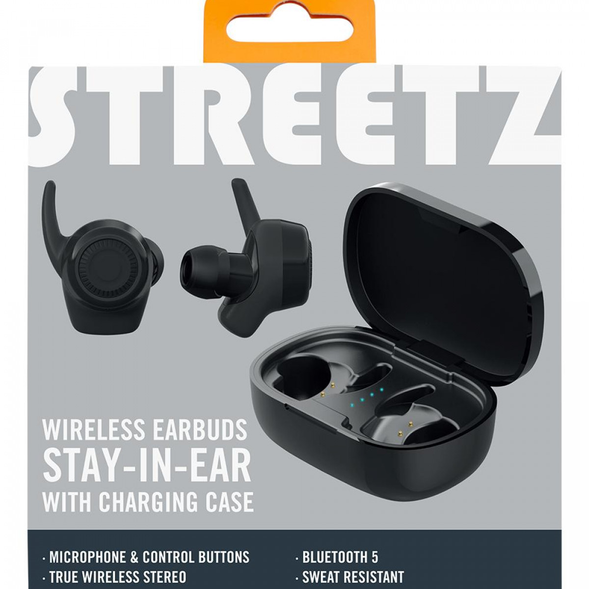Schwarz Kopfhörer Kabelloser mit schweißresist, Stay-in-Ear-Kopfhörer In-ear STREETZ Ladeetui, STREETZ