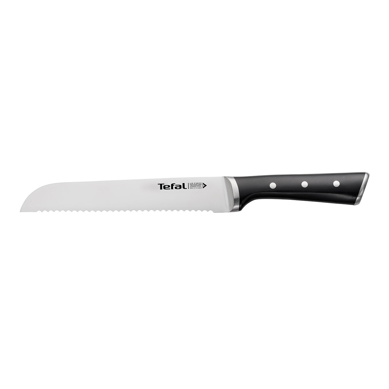 Ein Brotmesser mit gezahnter Klinge, schwarzem Griff und Tefal-Logo.