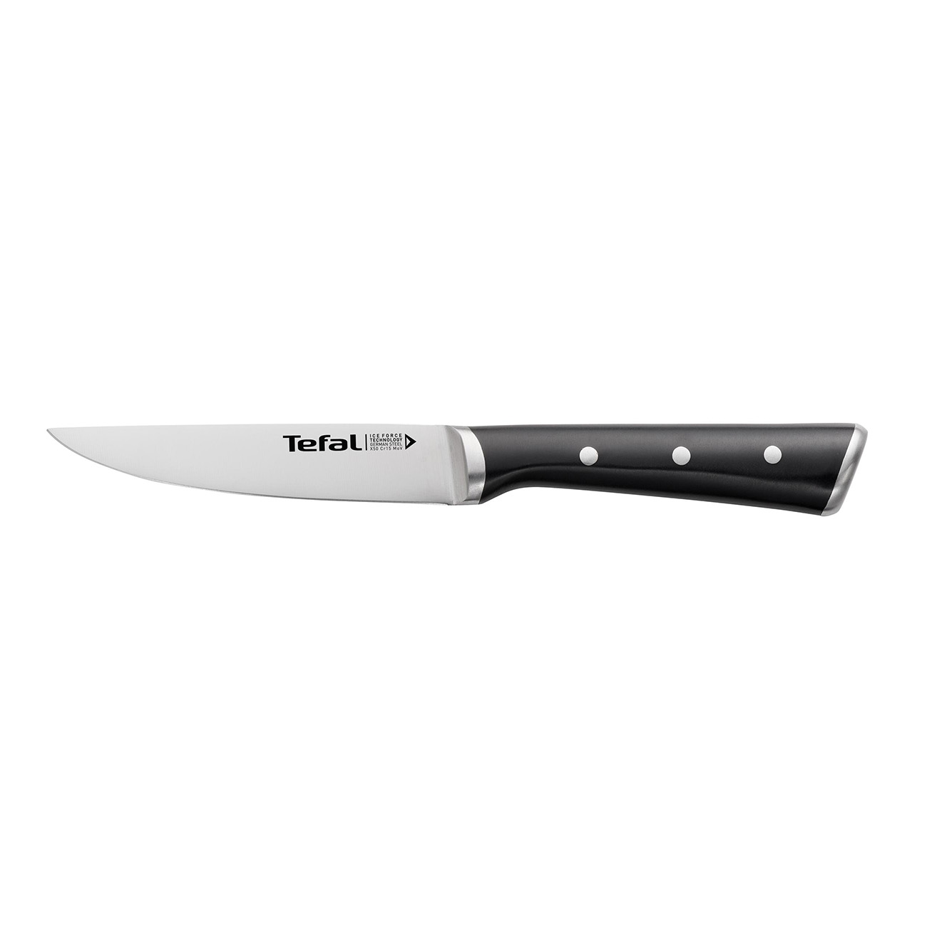 Messer mit schwarzem Griff und silberner Klinge. TEFAL steht auf der Klinge.