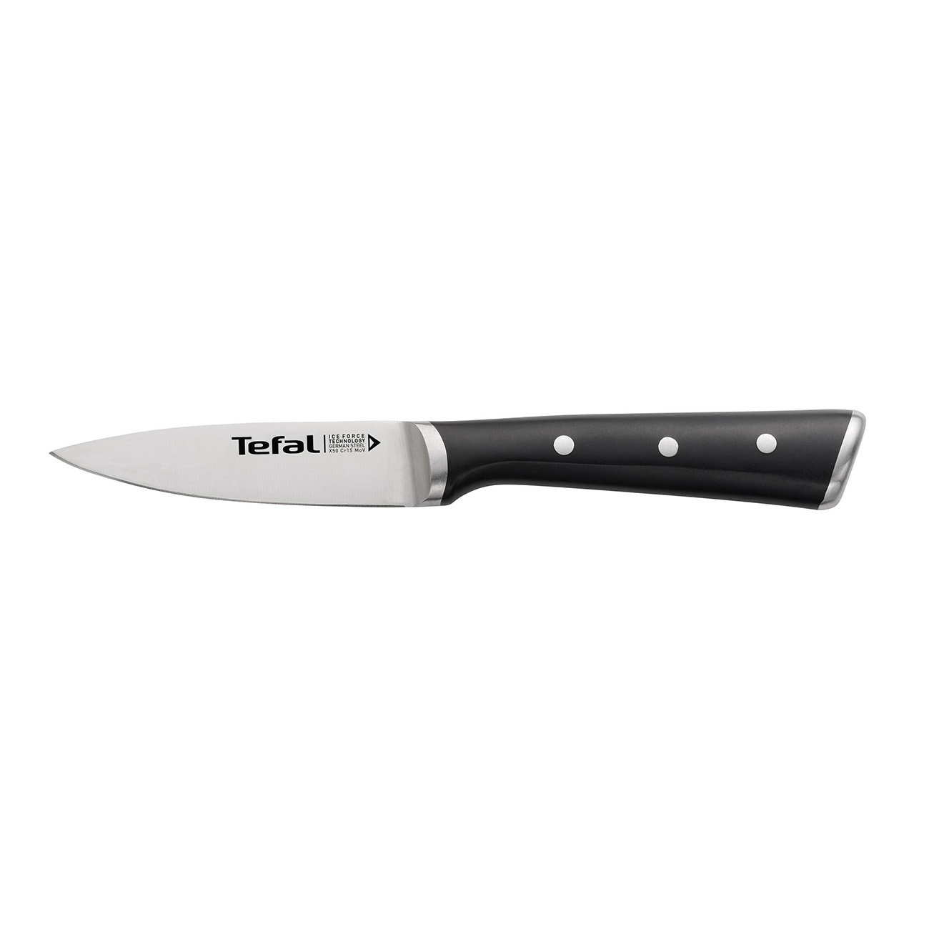 Tefal-Messer, schwarzer Griff mit silbernen Nieten, Klinge. Weißer Hintergrund.