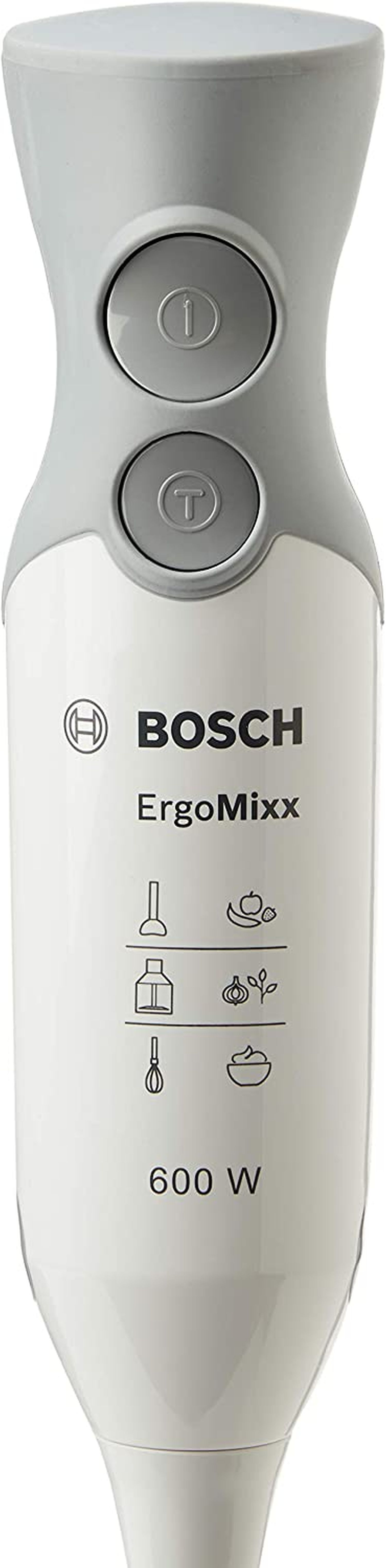 Weißer und grauer Bosch ErgoMixx Stabmixer mit Einschalttaste und Verwendungssymbolen.