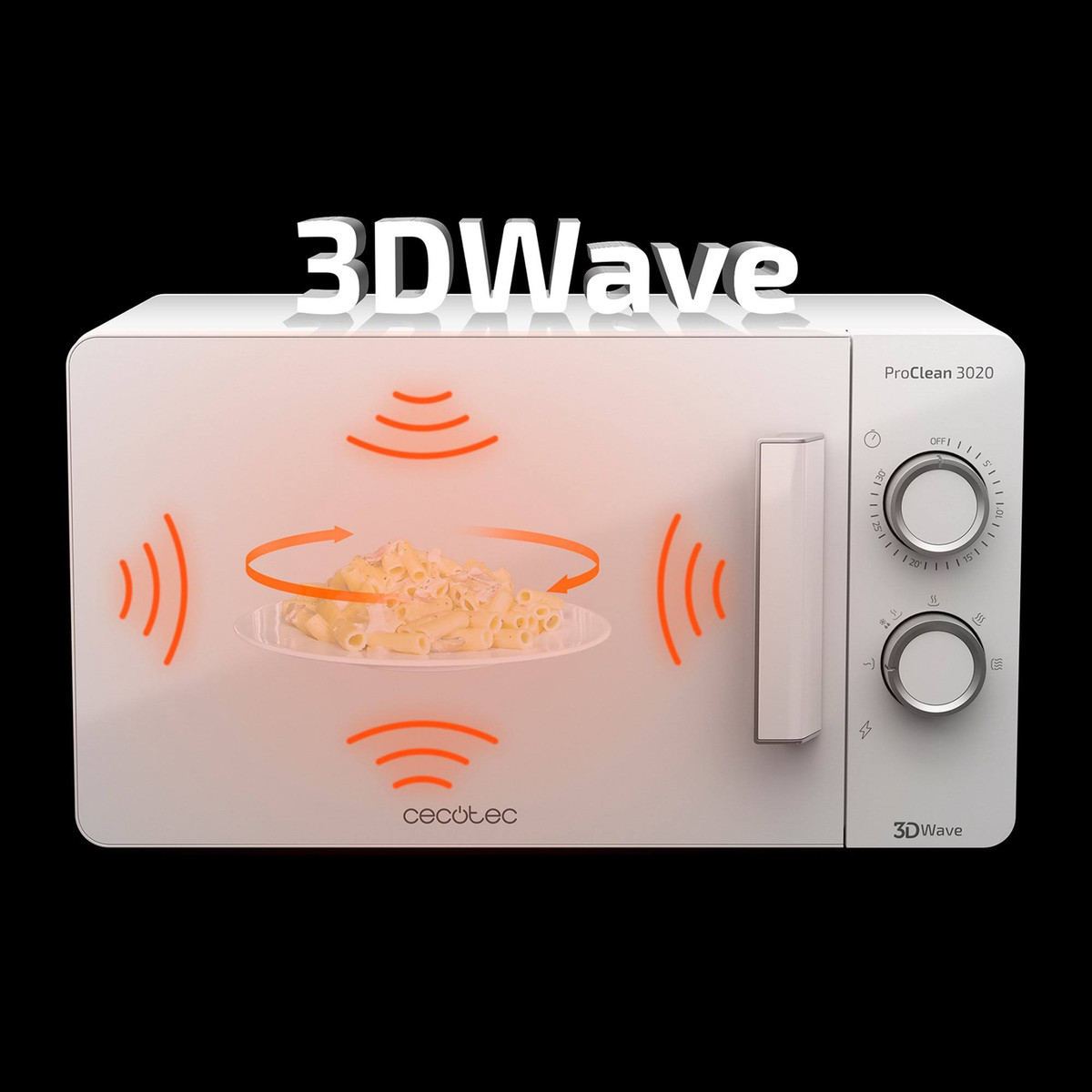 Biała kuchenka mikrofalowa z talerzem makaronu w środku, z tekstem i ikonami.