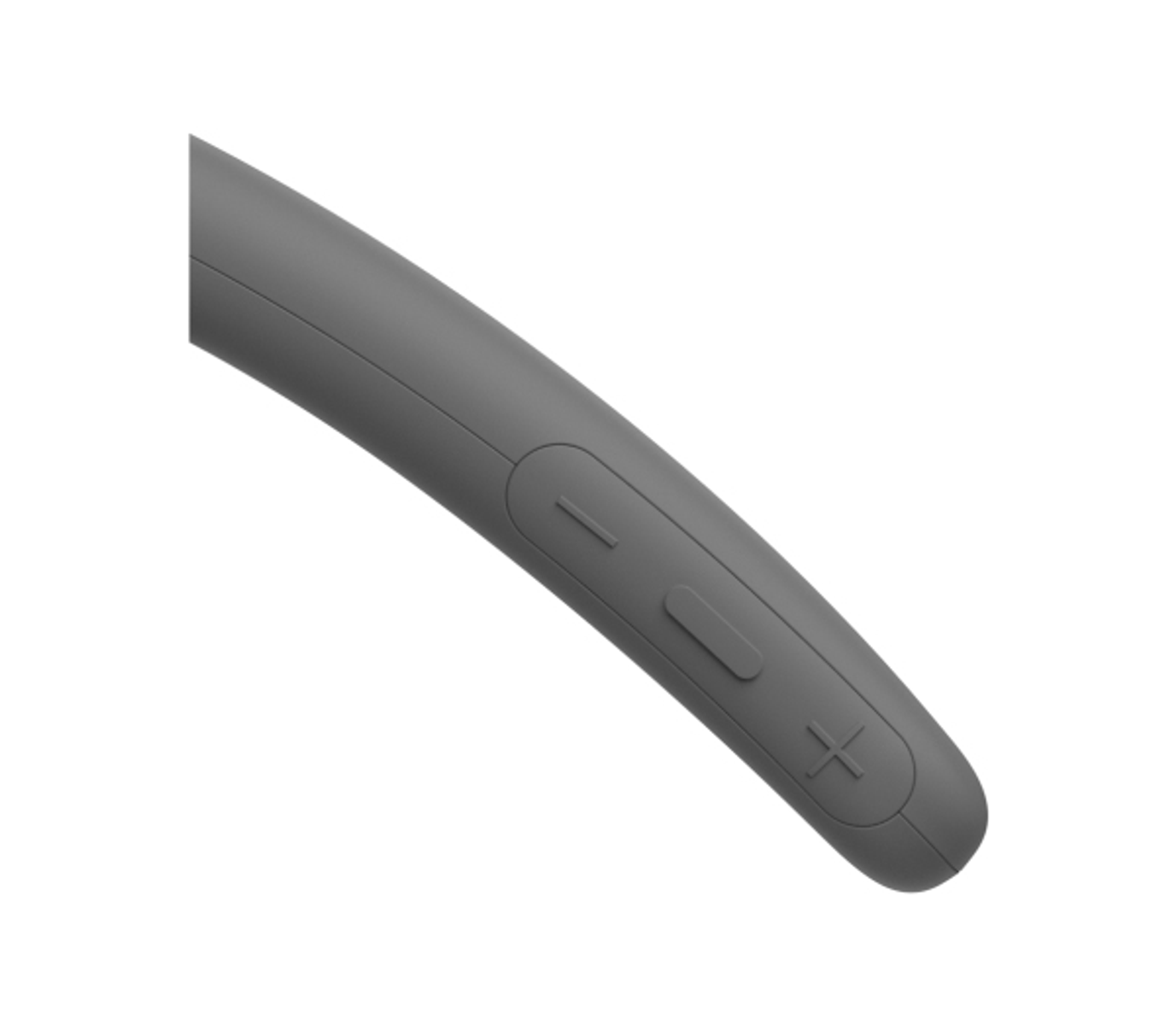 Zbliżenie szarej opaski na szyję zestawu słuchawkowego z regulacją głośności i przyciskami, na białym tle.