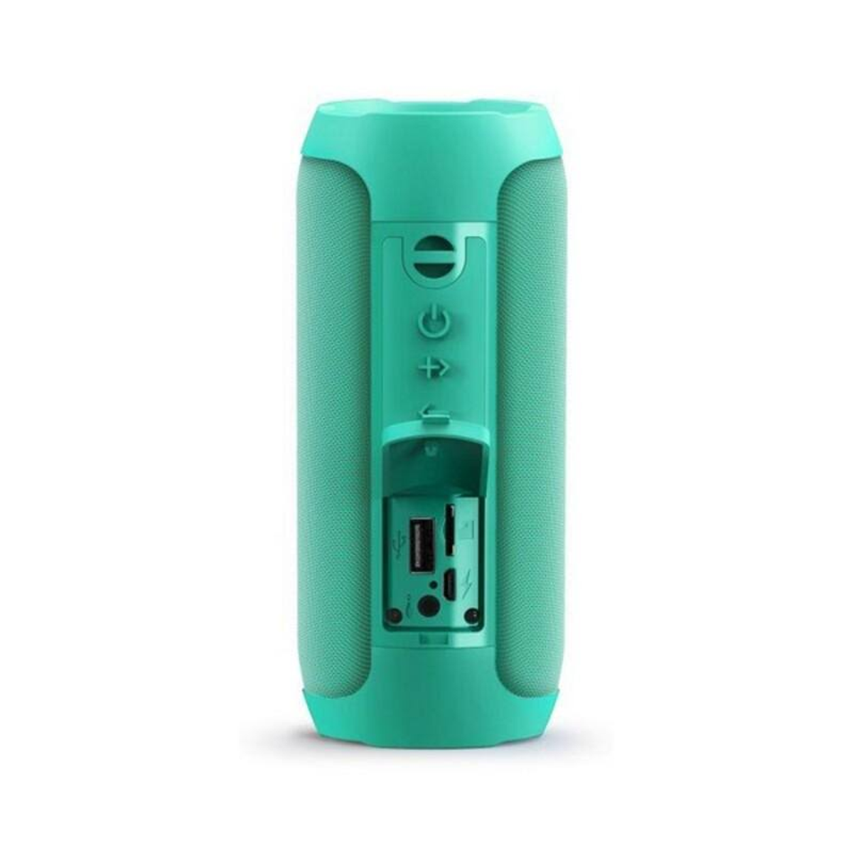 Turkusowy głośnik z przyciskami i portami z tyłu. Porty obejmują USB, SD i inne.