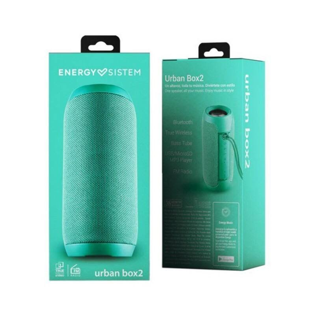 Turkusowy głośnik walcowy w pudełku. Pudełko i głośnik z napisem 'Urban Box2'.