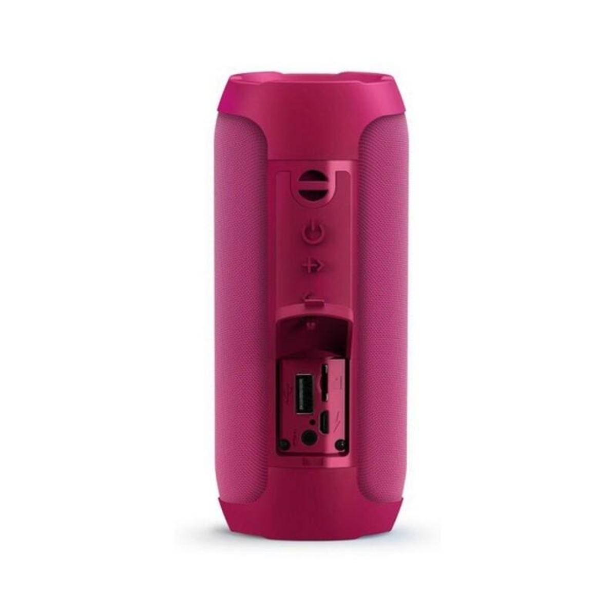 Różowy głośnik z tyłu: zasilanie, głośność, odtwarzanie/pauza, port USB i ładowania.