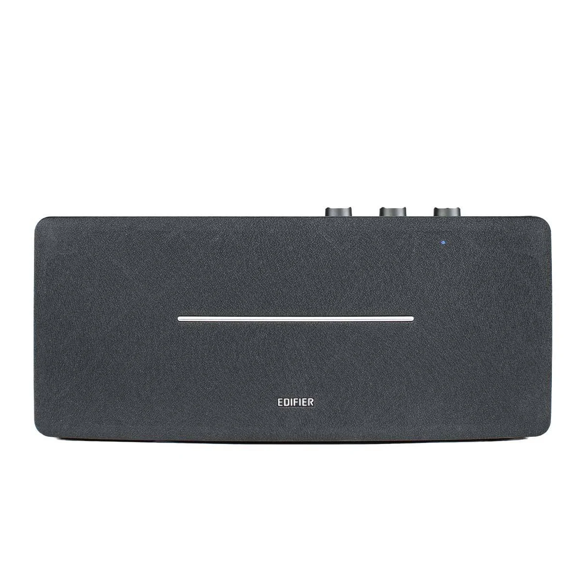 Ciemnoszary głośnik z napisem 'EDIFIER'. Widoczne są trzy pokrętła.