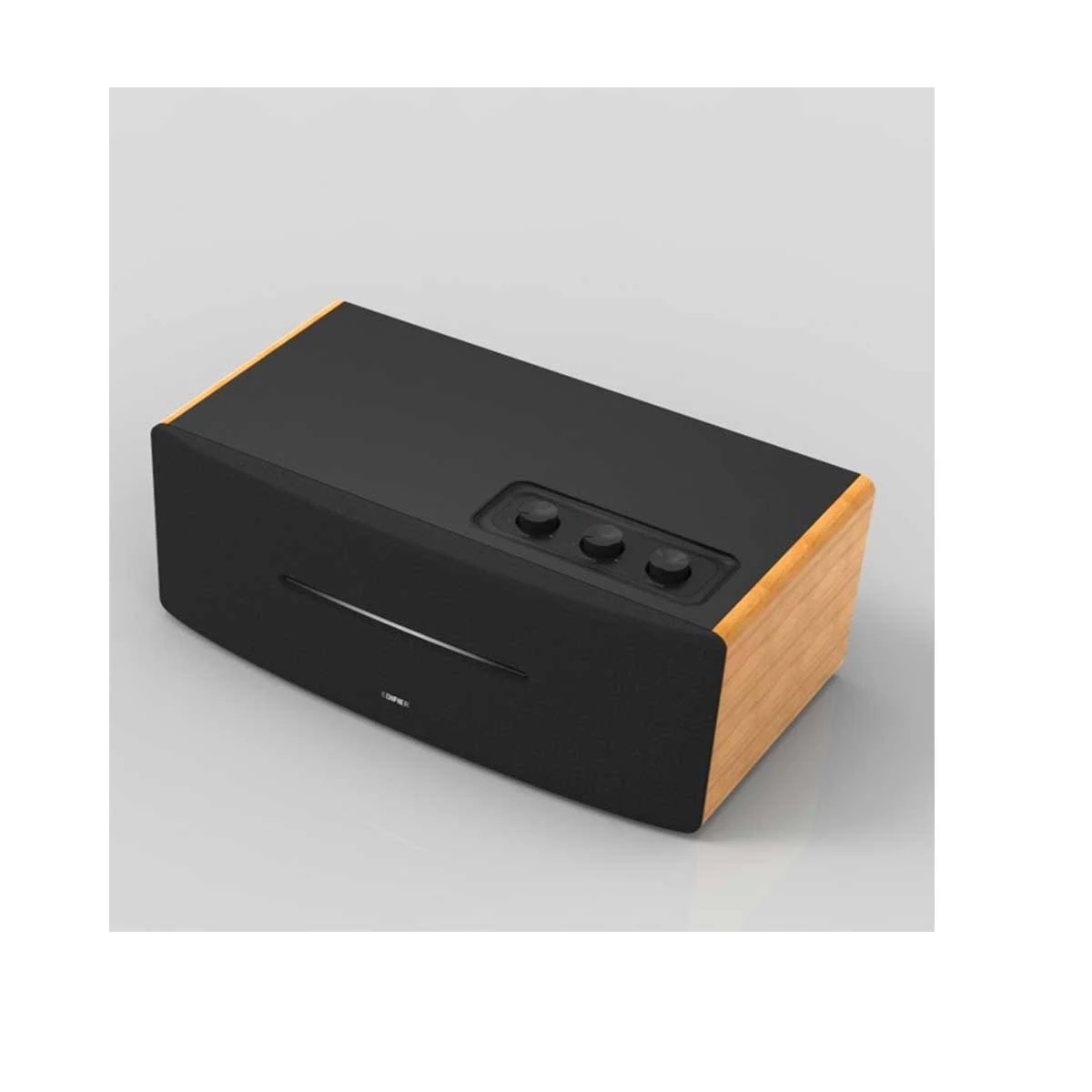 Czarny głośnik z drewnianymi bokami na szarej powierzchni. 3 przyciski i logo.