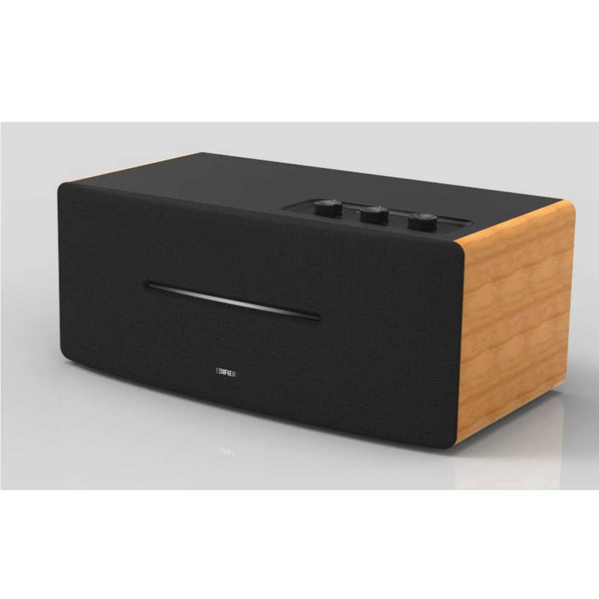 Czarny głośnik z drewnianymi bokami na jasnoszarym tle.