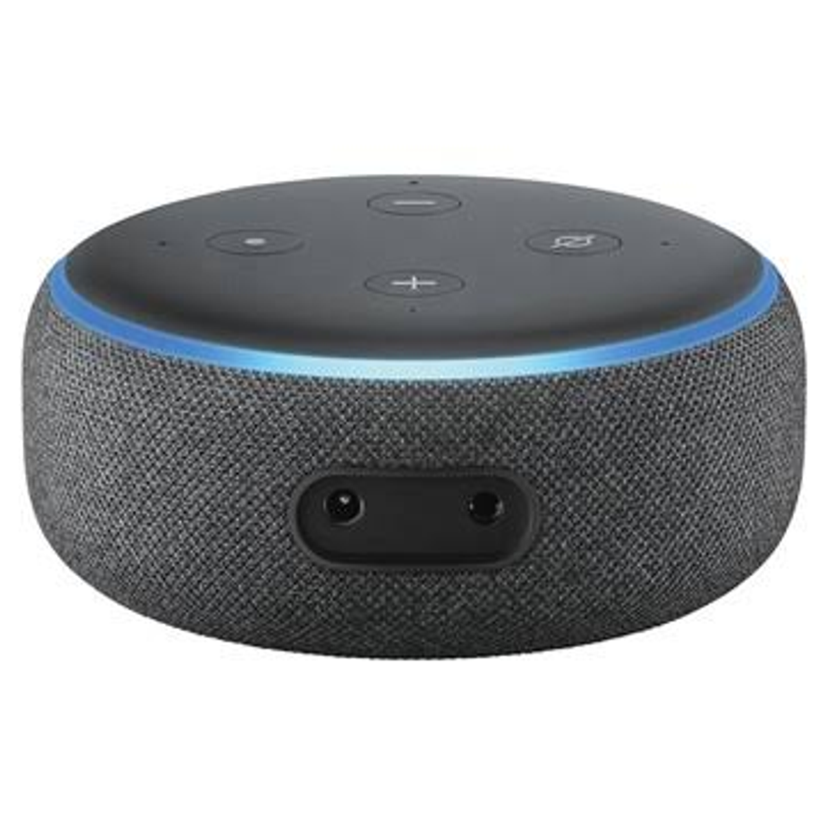 Ein runder, dunkelgrauer Smart-Lautsprecher mit blauem Lichtring und Tasten oben.