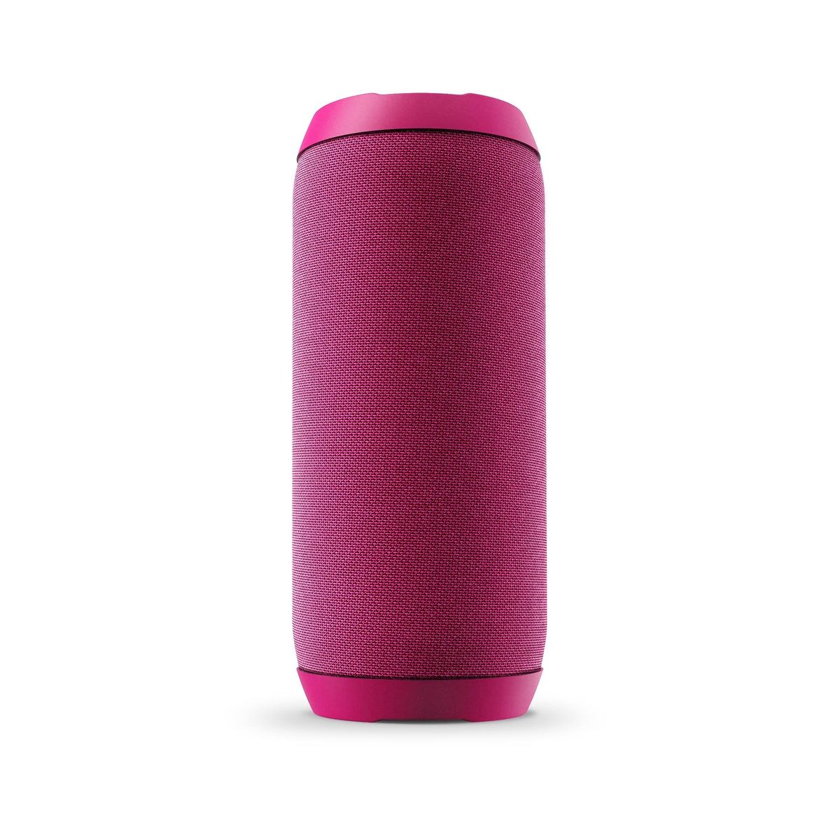 Altavoz cilíndrico rosa con detalles rosas sobre fondo blanco.