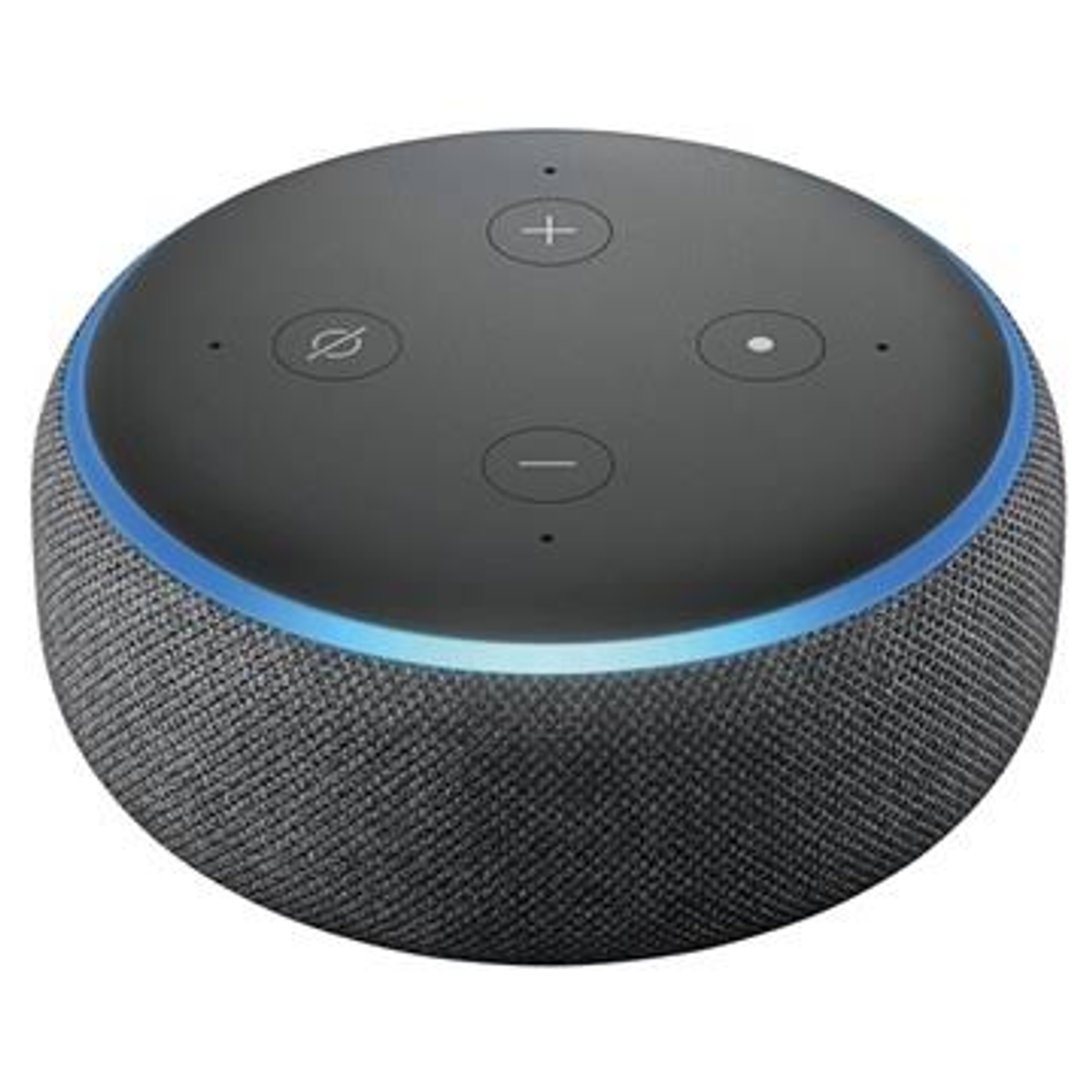 Schwarzer Amazon Echo Dot. Es hat Lautstärke- und Aktionstasten. Der Lichtring ist blau.