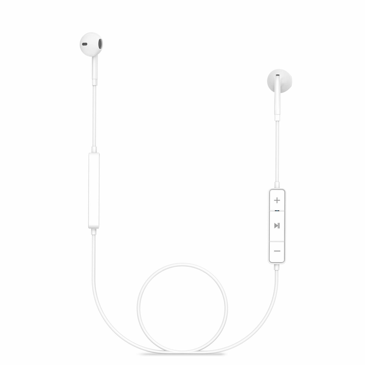 Auriculares blancos con cable blanco y unidad de control. El cable forma un bucle. Aislado en blanco.