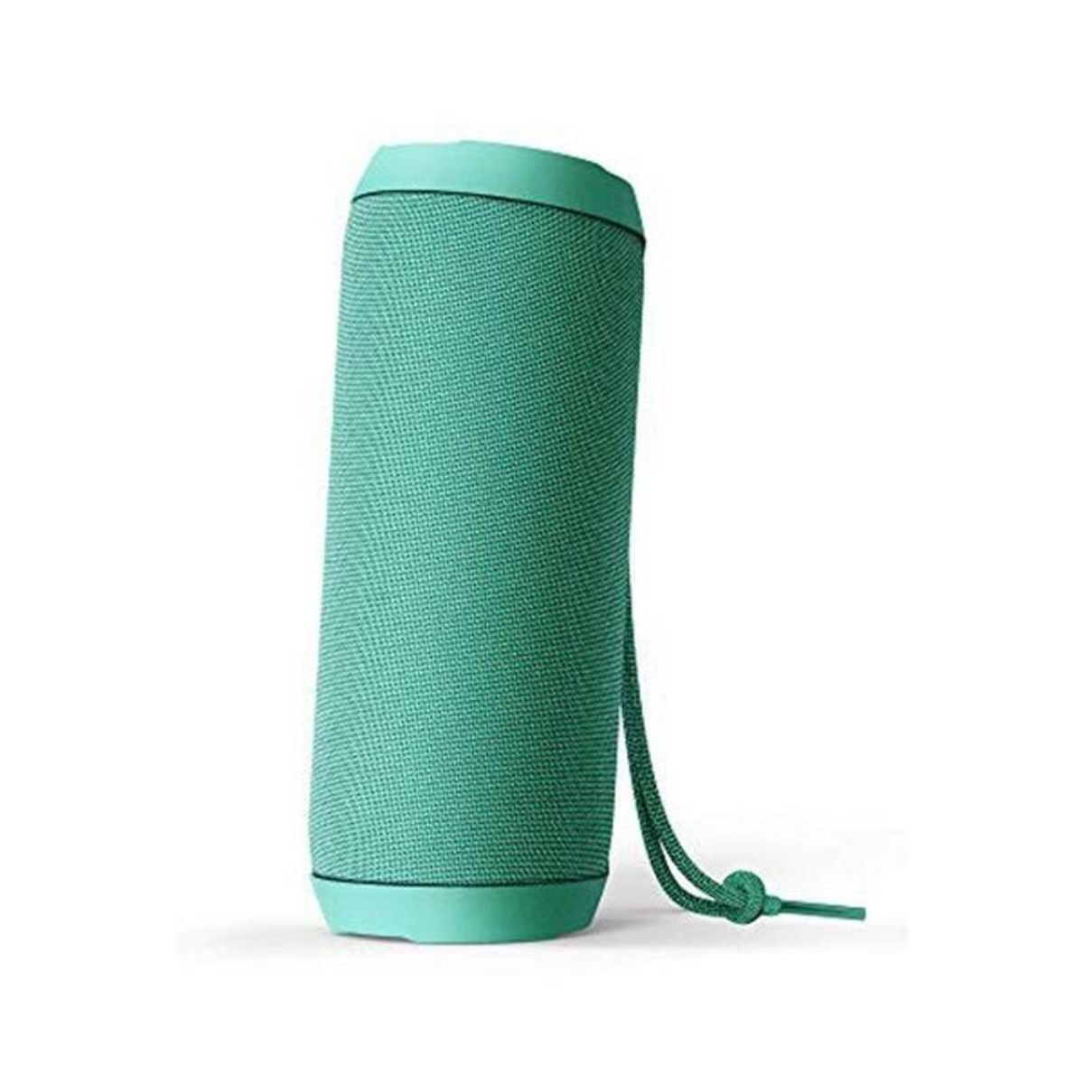 Altavoz portátil turquesa con malla verde azulado y un cordón de transporte a juego.