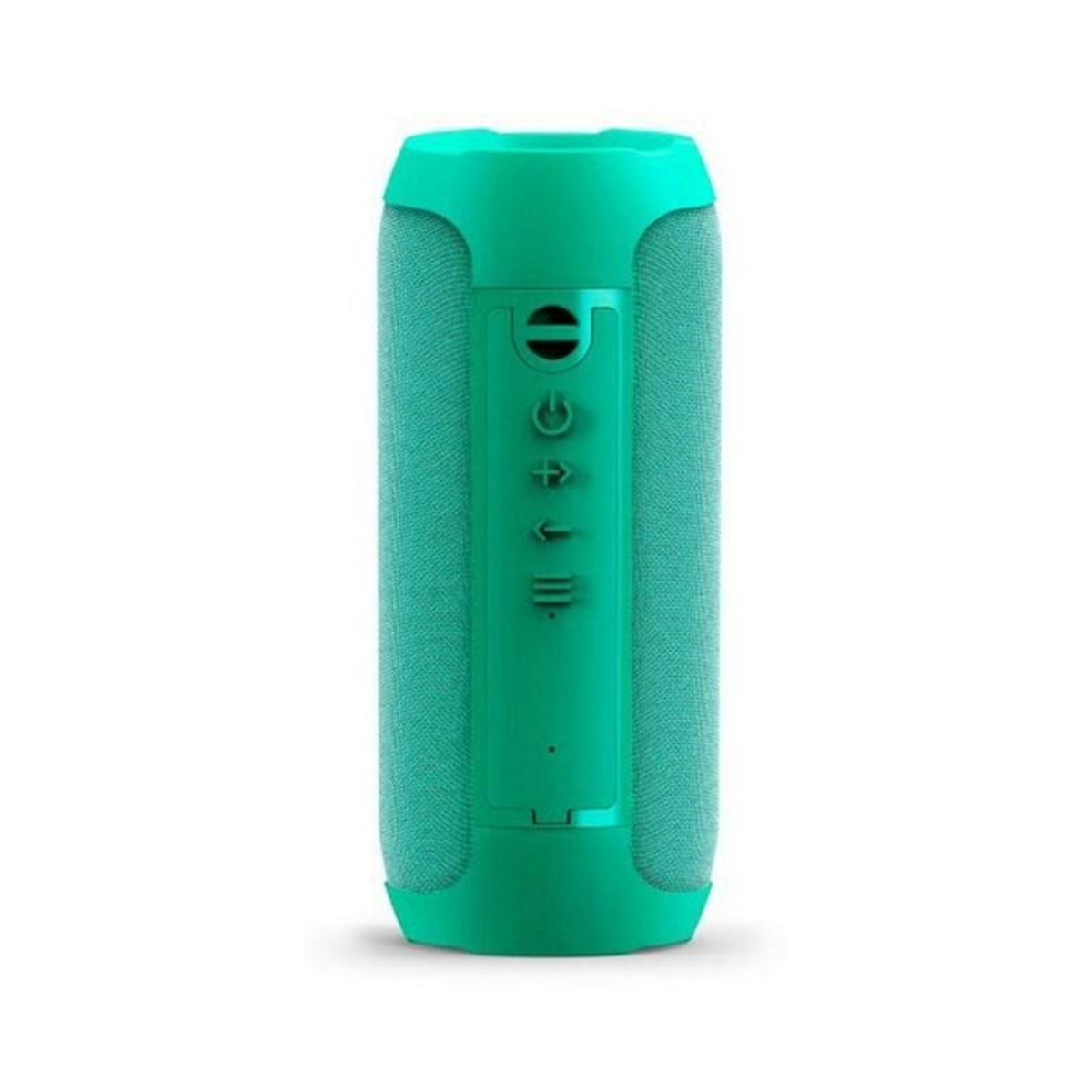 Altavoz Bluetooth cilíndrico verde con botones en el lateral. Fondo blanco.