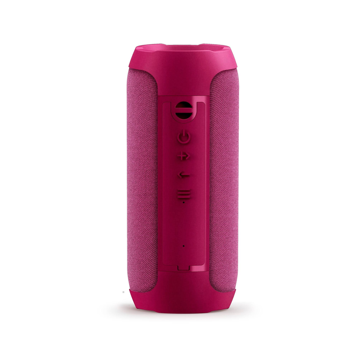 Un altavoz cilíndrico rosa con botones de control en su lateral.